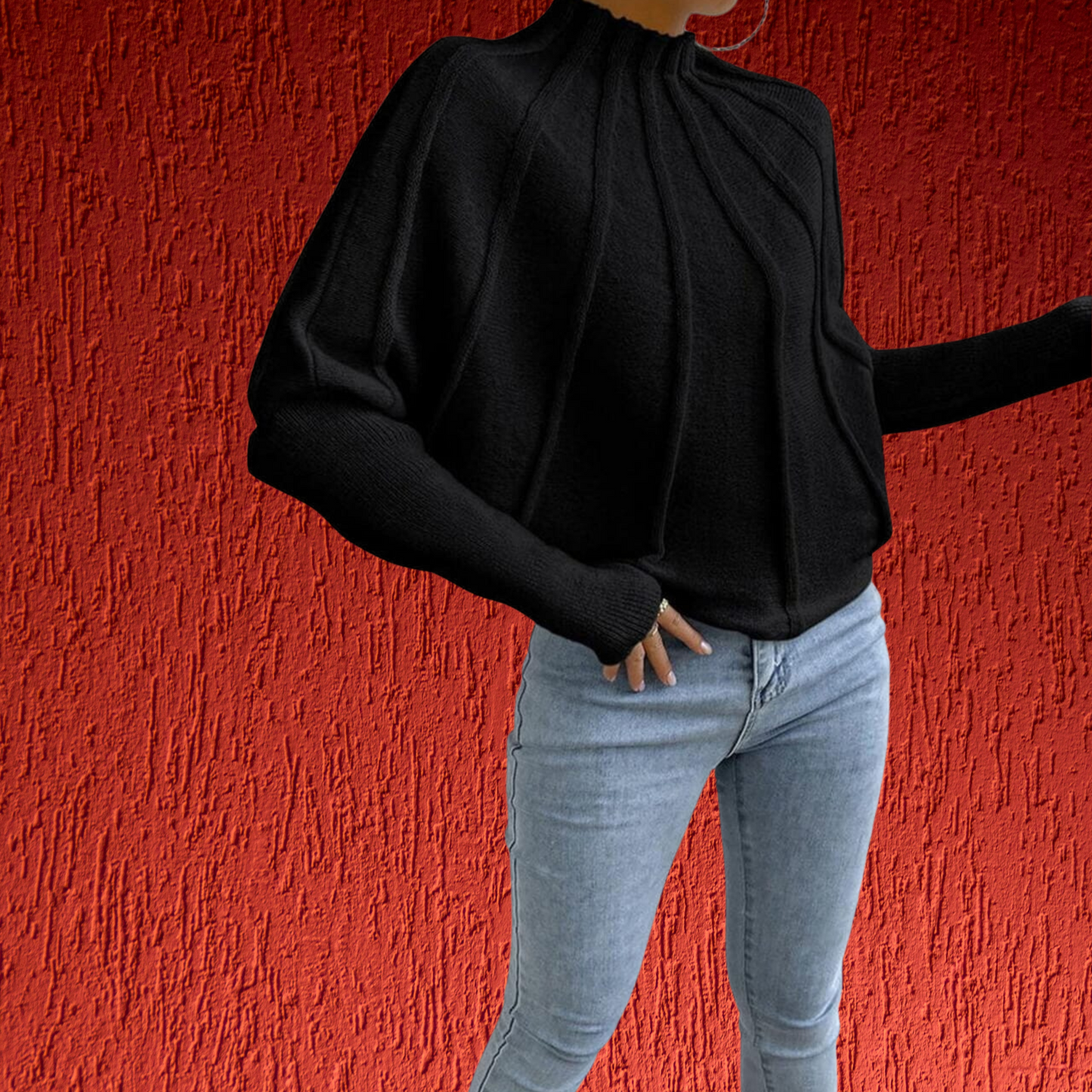 Loose-Fit Sweater with Dolman Sleeves in Soft Cotton Blend Fabric | Black 3