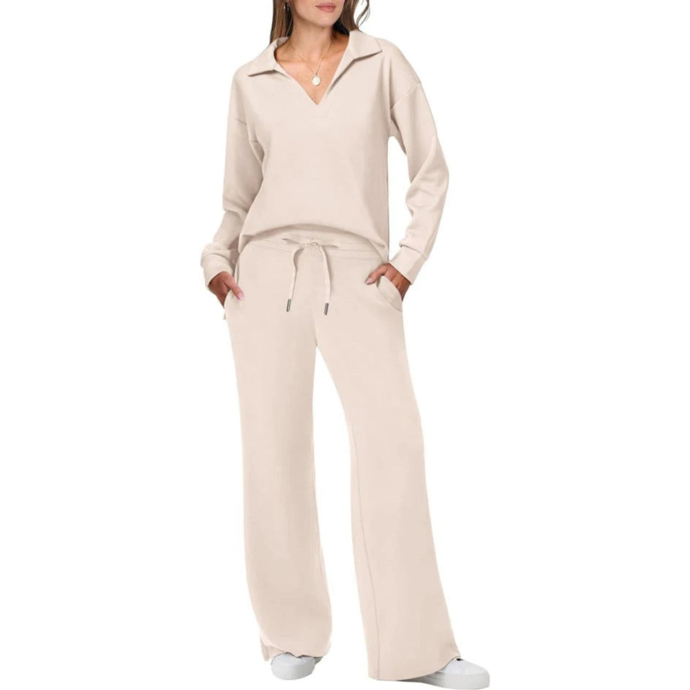 Loungewear Set for Women | Relaxed Fit, Elegant V-Neck | Beige