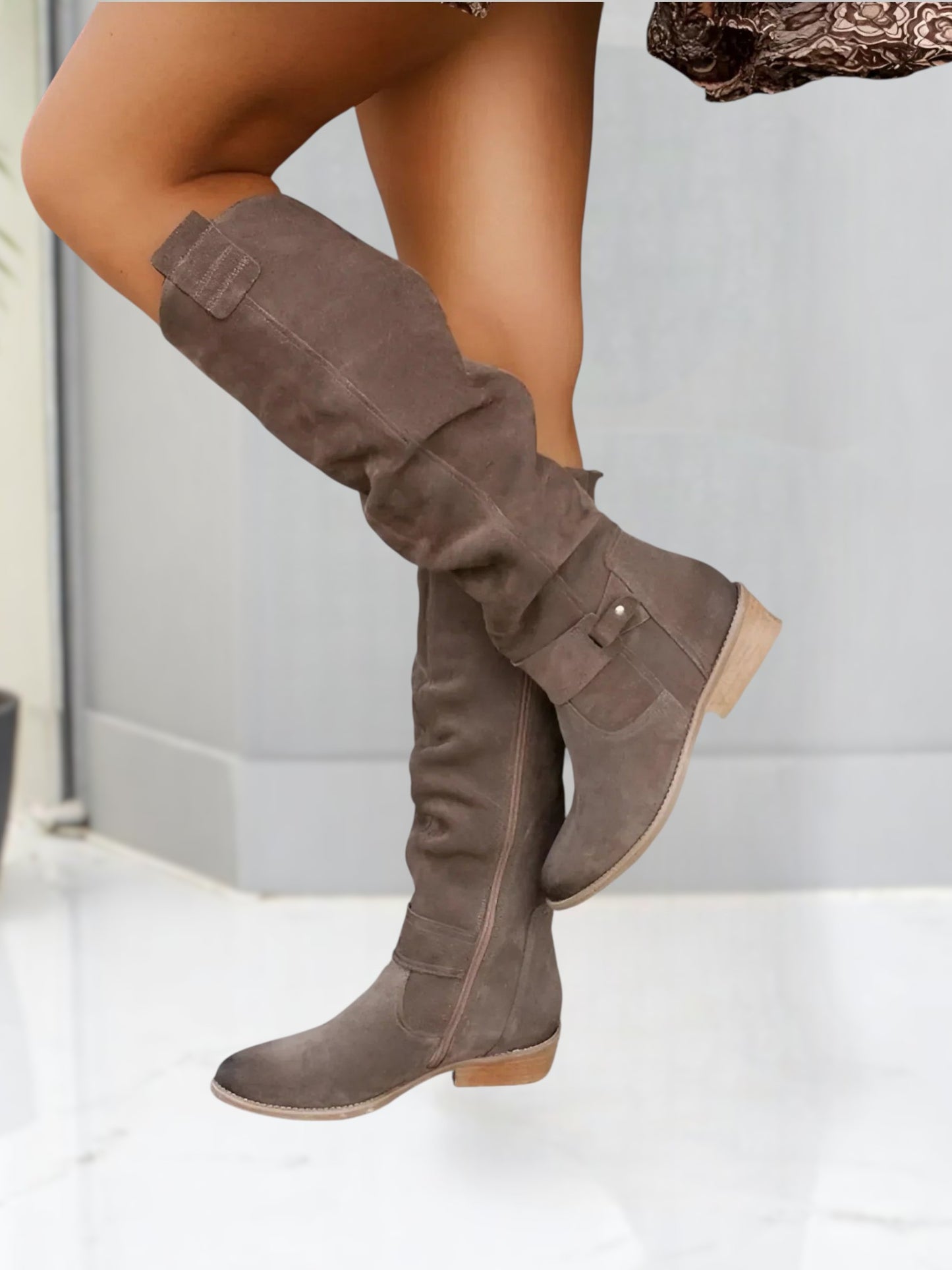 Madeleine | Elegant Knee High Suede Boots with Side Zipper and 2.5-Inch Heel | Brown 2