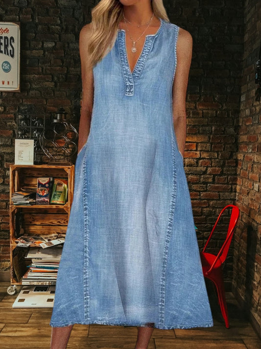 Malou | Elegant Women's Summer Dress in Soft Denim with V-Neck and Sleeveless Design | Blue