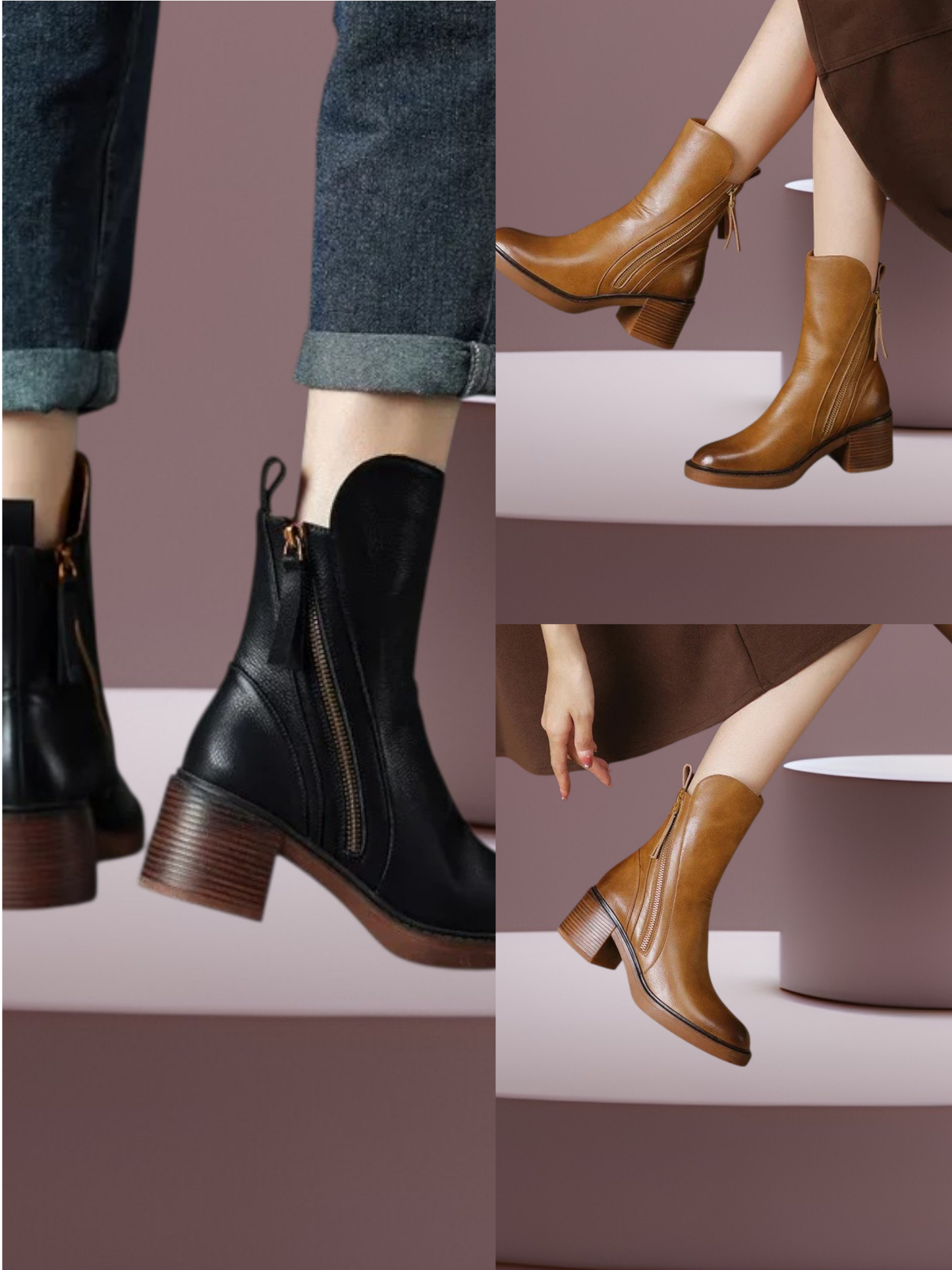 Margaret | Elegant Leather Ankle Boots for Women with Brown Heel and Gold Zipper | Brown 3