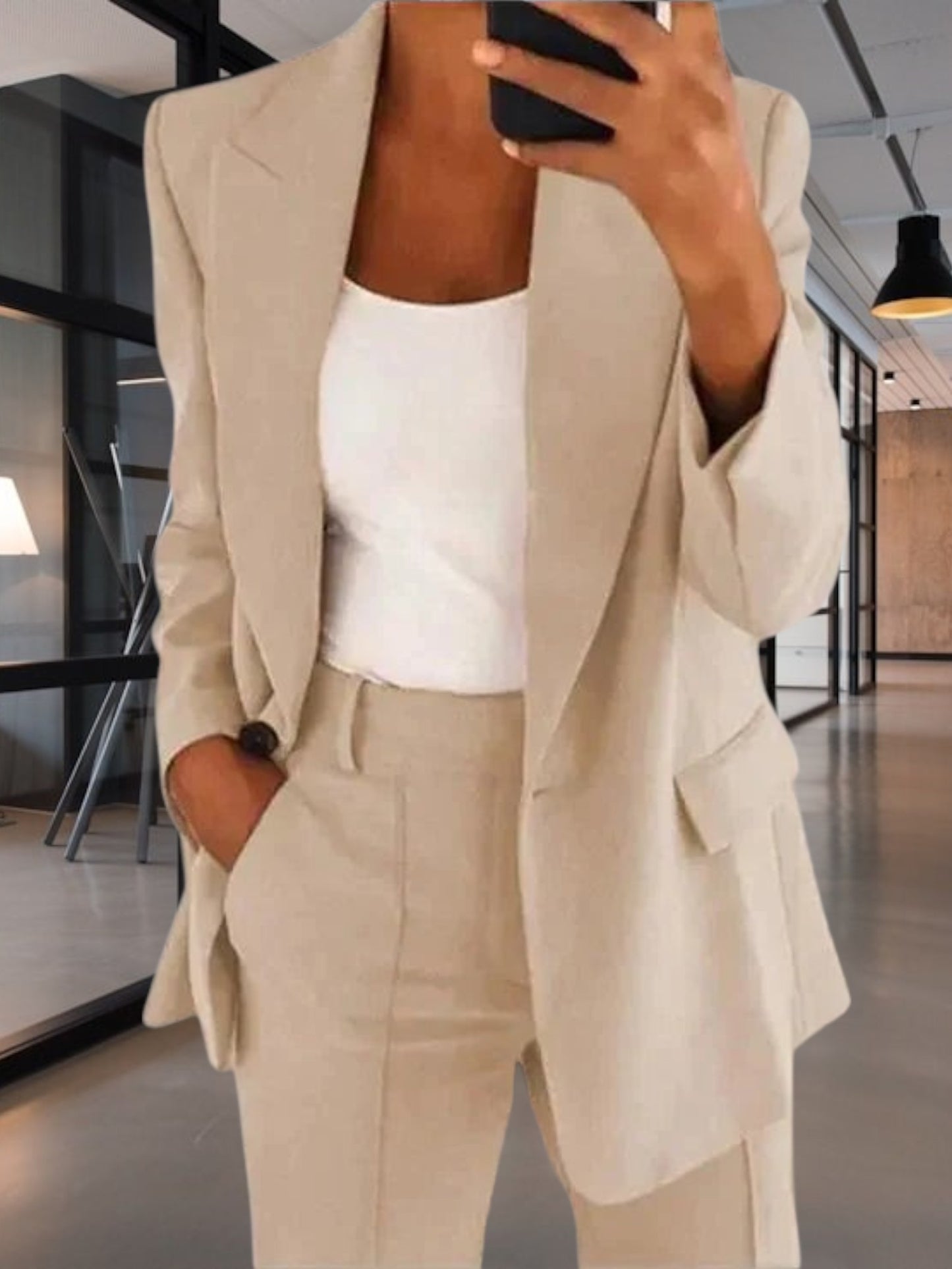 Marilyn | Elegant Tailored Blaser Pants for Women in Cotton Blend, Full Length, Zipper Closure, Versatile Style | Beige