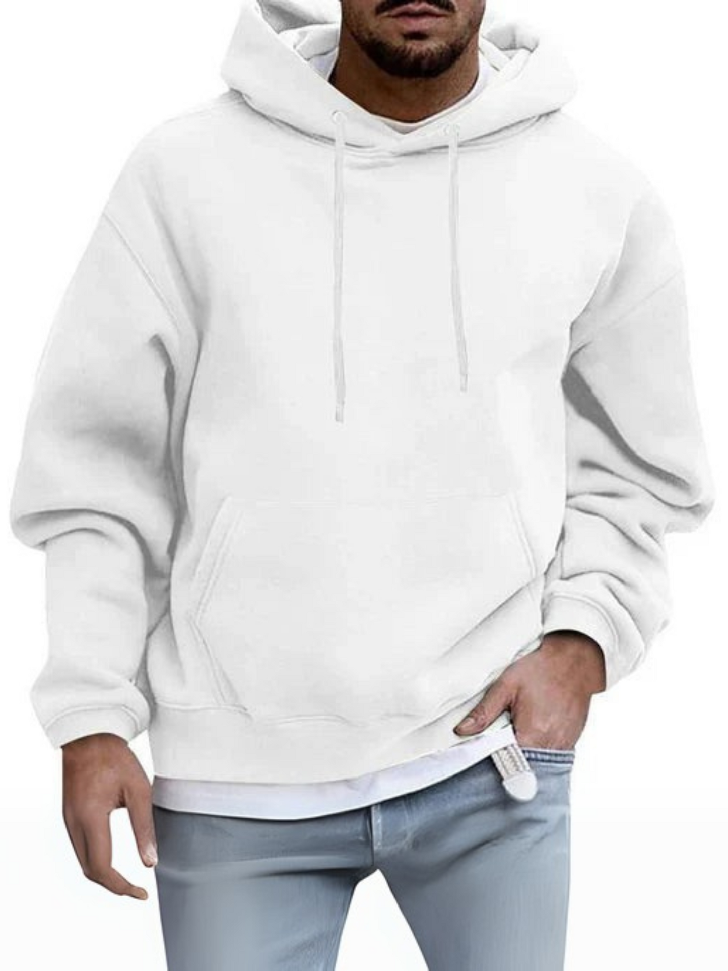 Men's Hoodie, Adjustable Hood | Kangaroo Pocket | White