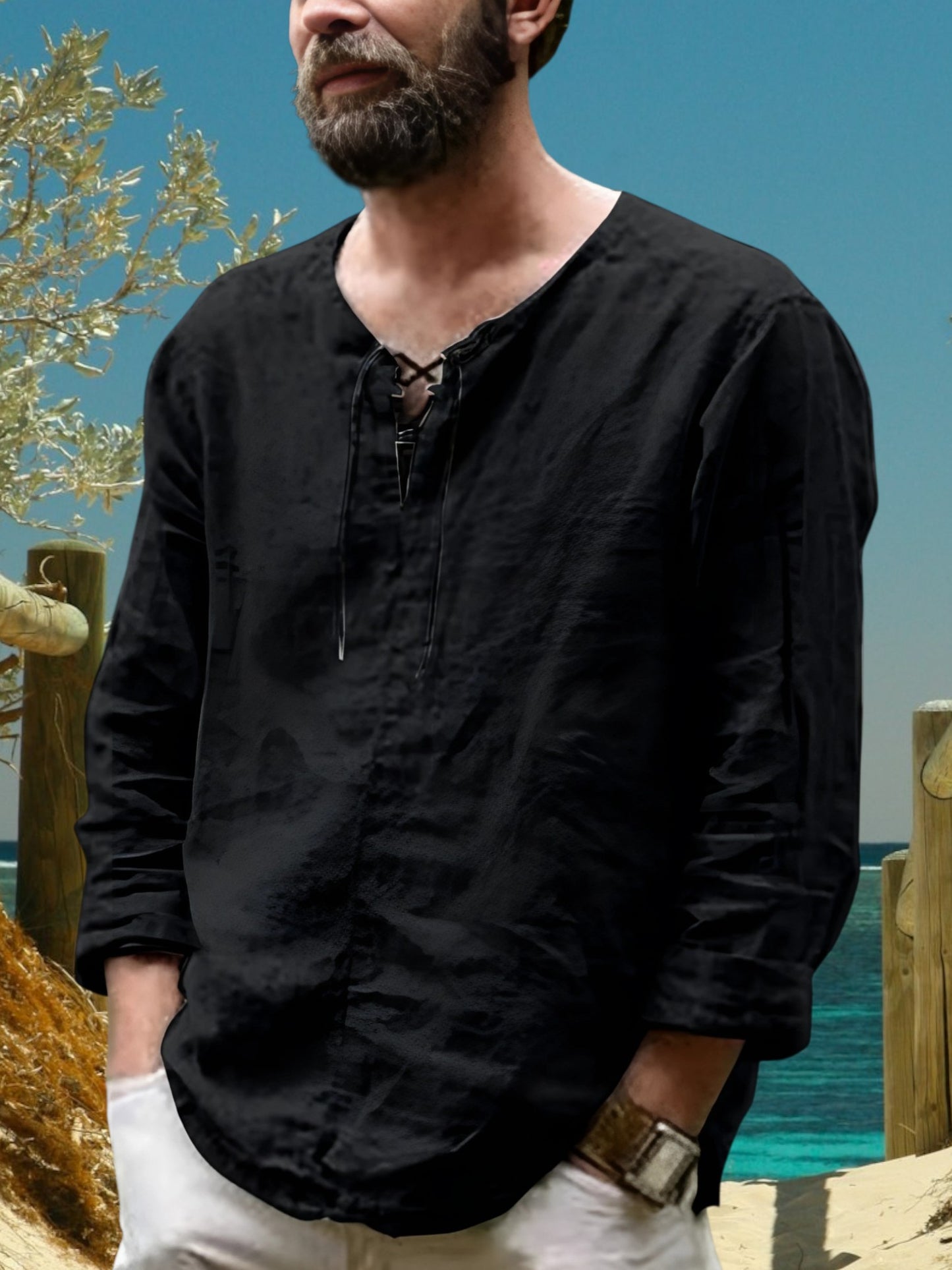 Men's Linen Shirt with Lace-Up V-Neck and Long Sleeves | Black