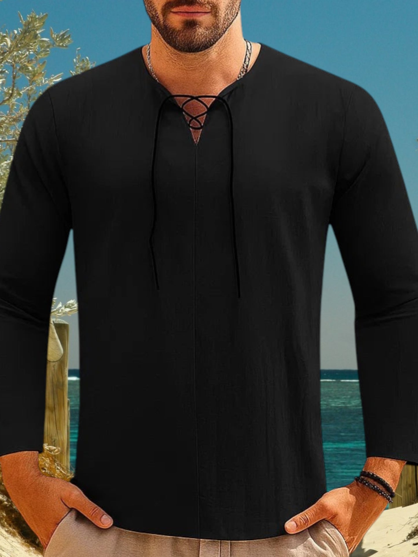 Men's Linen Shirt with Lace-Up V-Neck and Long Sleeves | Black 2