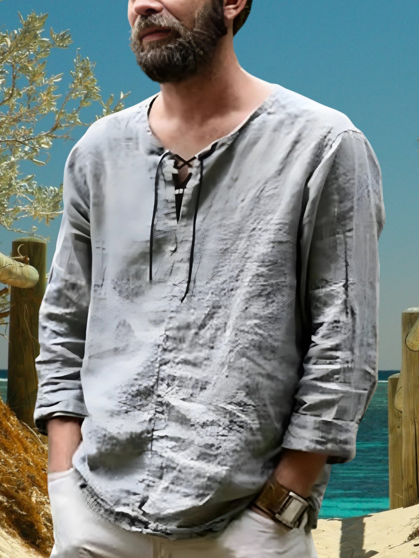 Men's Linen Shirt with Lace-Up V-Neck and Long Sleeves | Gray