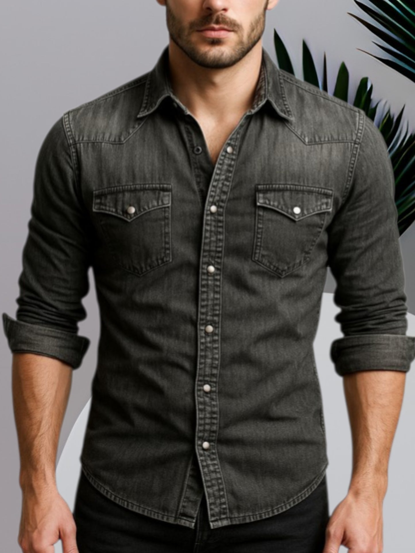 Men's Long Sleeve Denim Shirt with Button Closure and Durable Fabric | Black