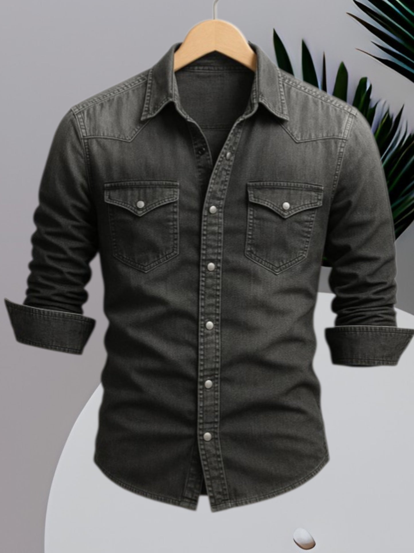 Men's Long Sleeve Denim Shirt with Button Closure and Durable Fabric | Black 2