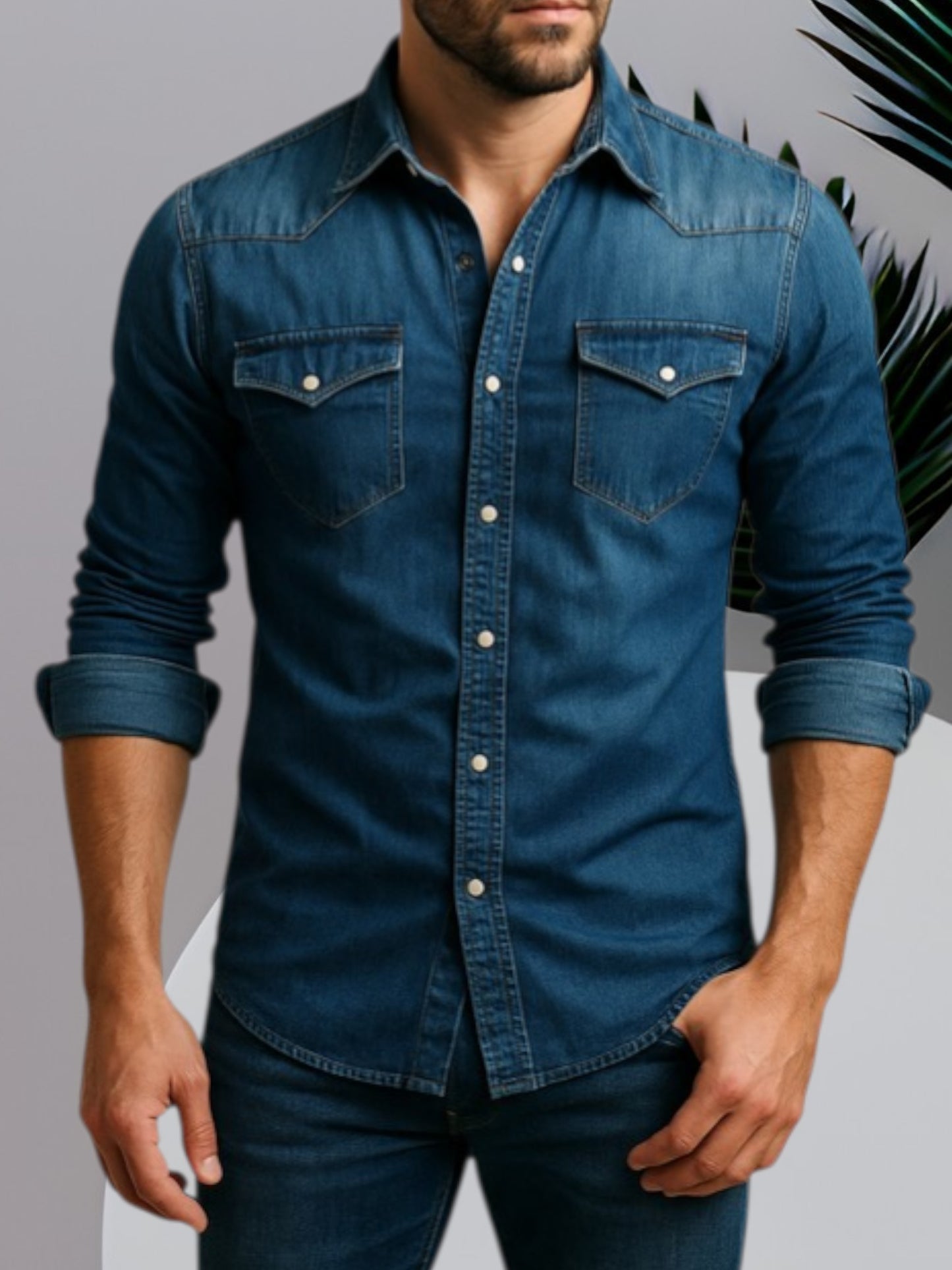 Men's Long Sleeve Denim Shirt with Button Closure and Durable Fabric | Dark Blue