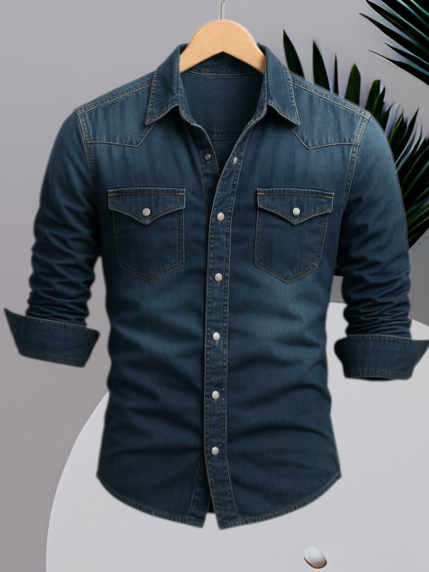 Men's Long Sleeve Denim Shirt with Button Closure and Durable Fabric | Dark Blue 2