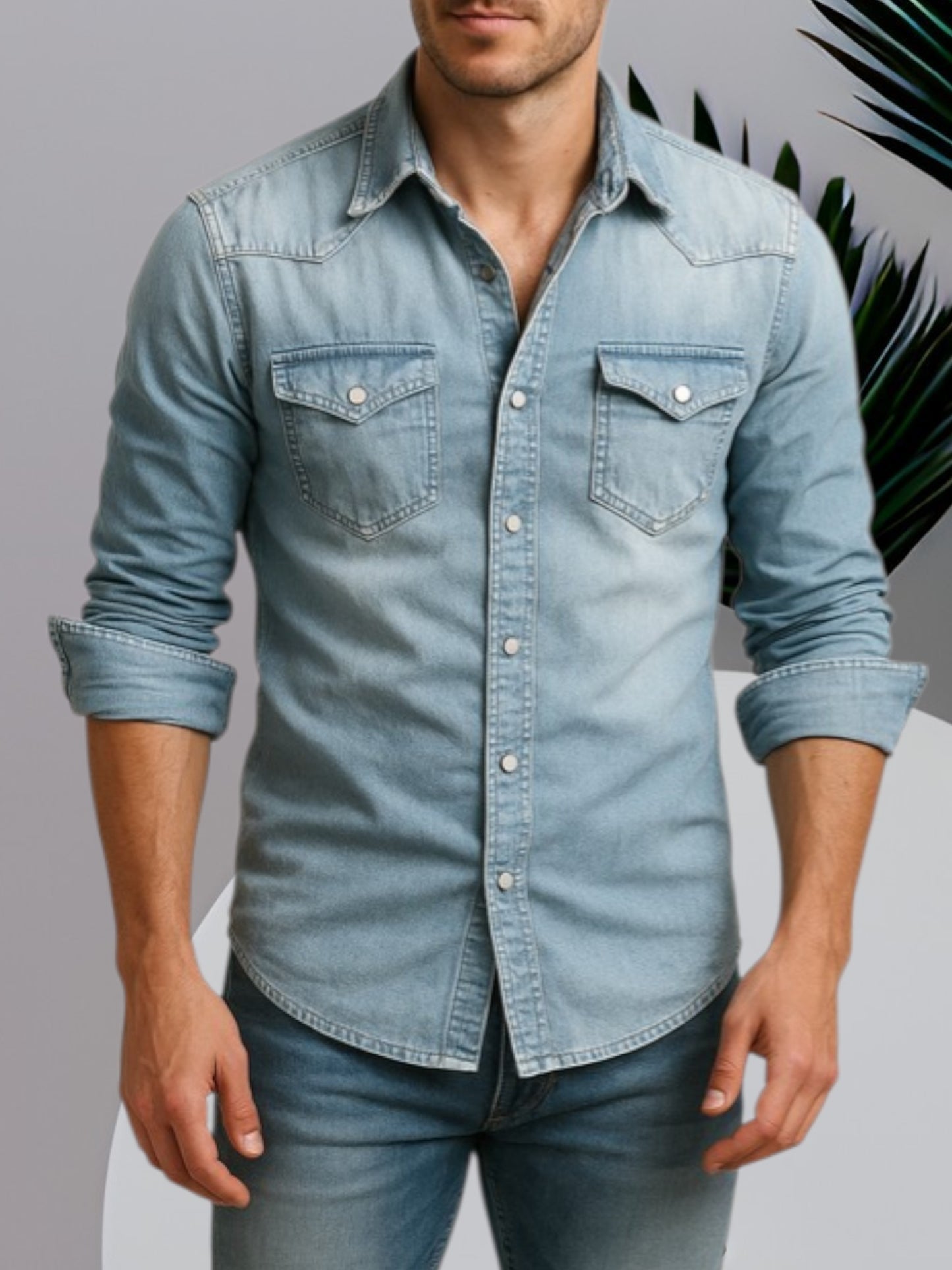 Men's Long Sleeve Denim Shirt with Button Closure and Durable Fabric | Light Blue