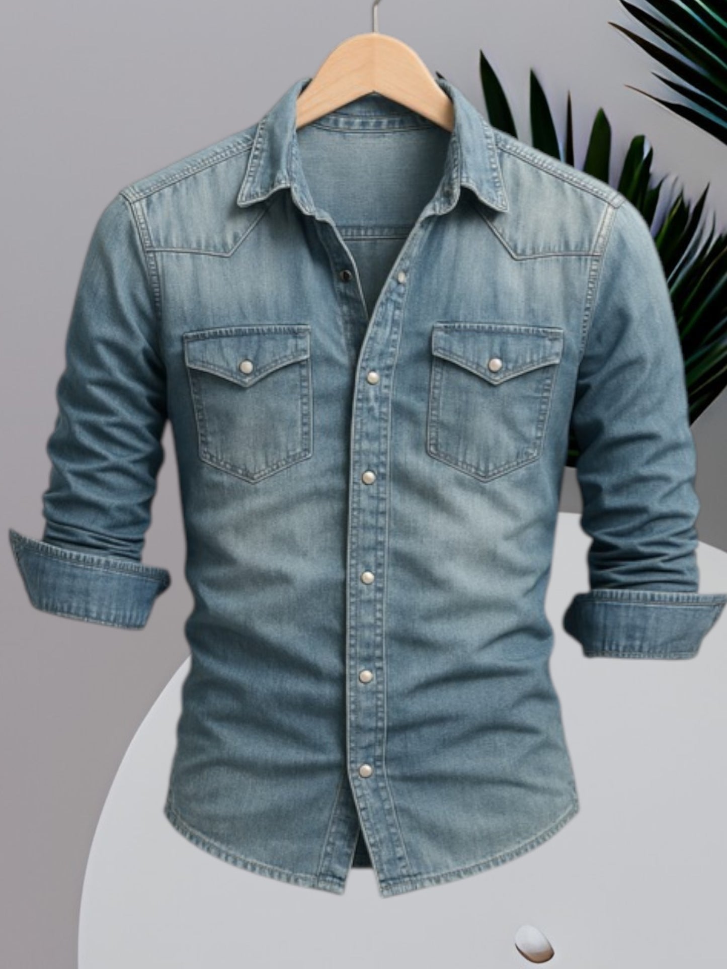 Men's Long Sleeve Denim Shirt with Button Closure and Durable Fabric | Light Blue 2