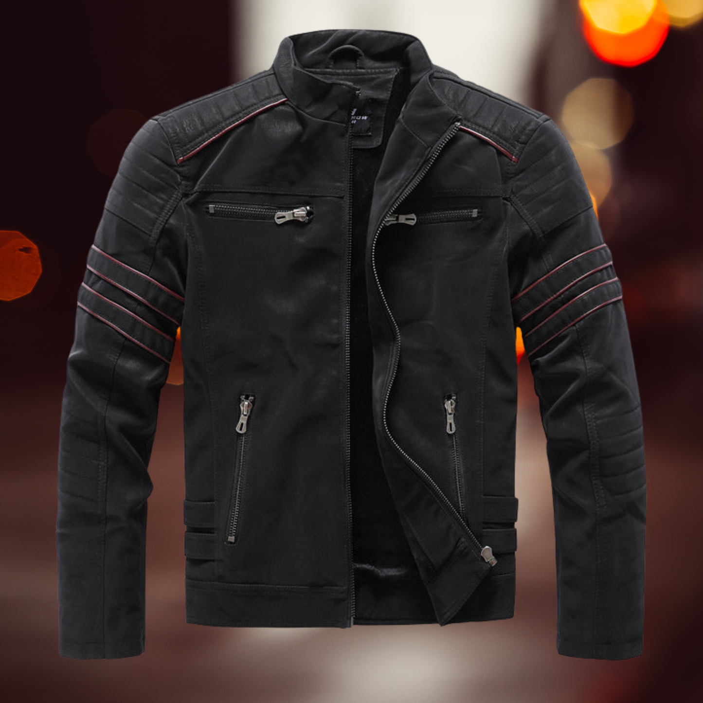 Men's Premium Leather Biker Jacket with Long Sleeves and Zipper Closure | Zwart