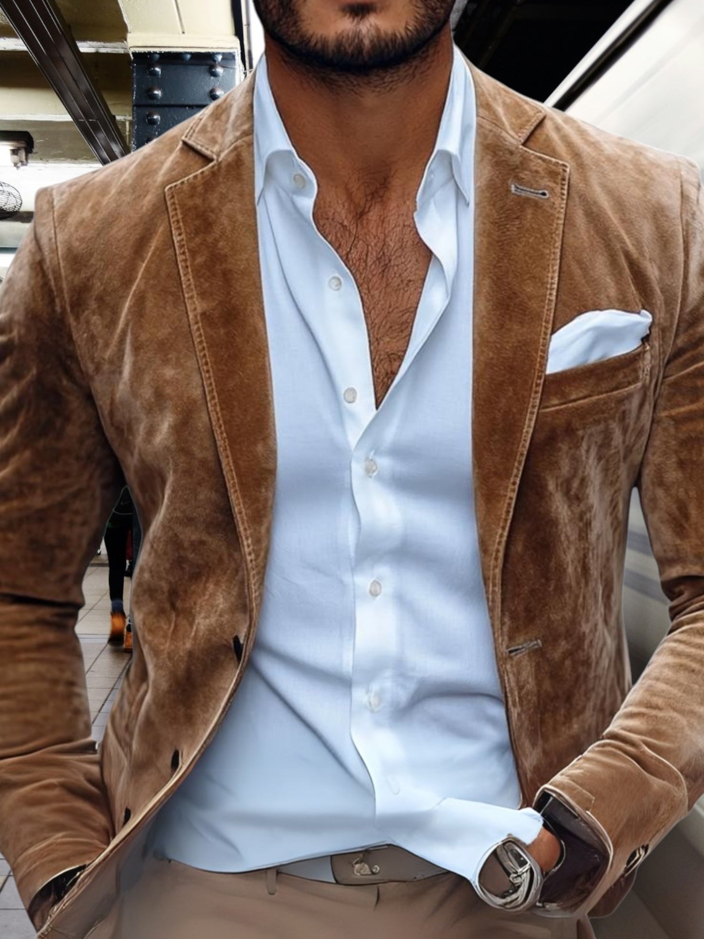 Nikolai | Men's Casual Blazer Jacket in Premium Suede with Notch Lapel and Two Buttons | Brown 2