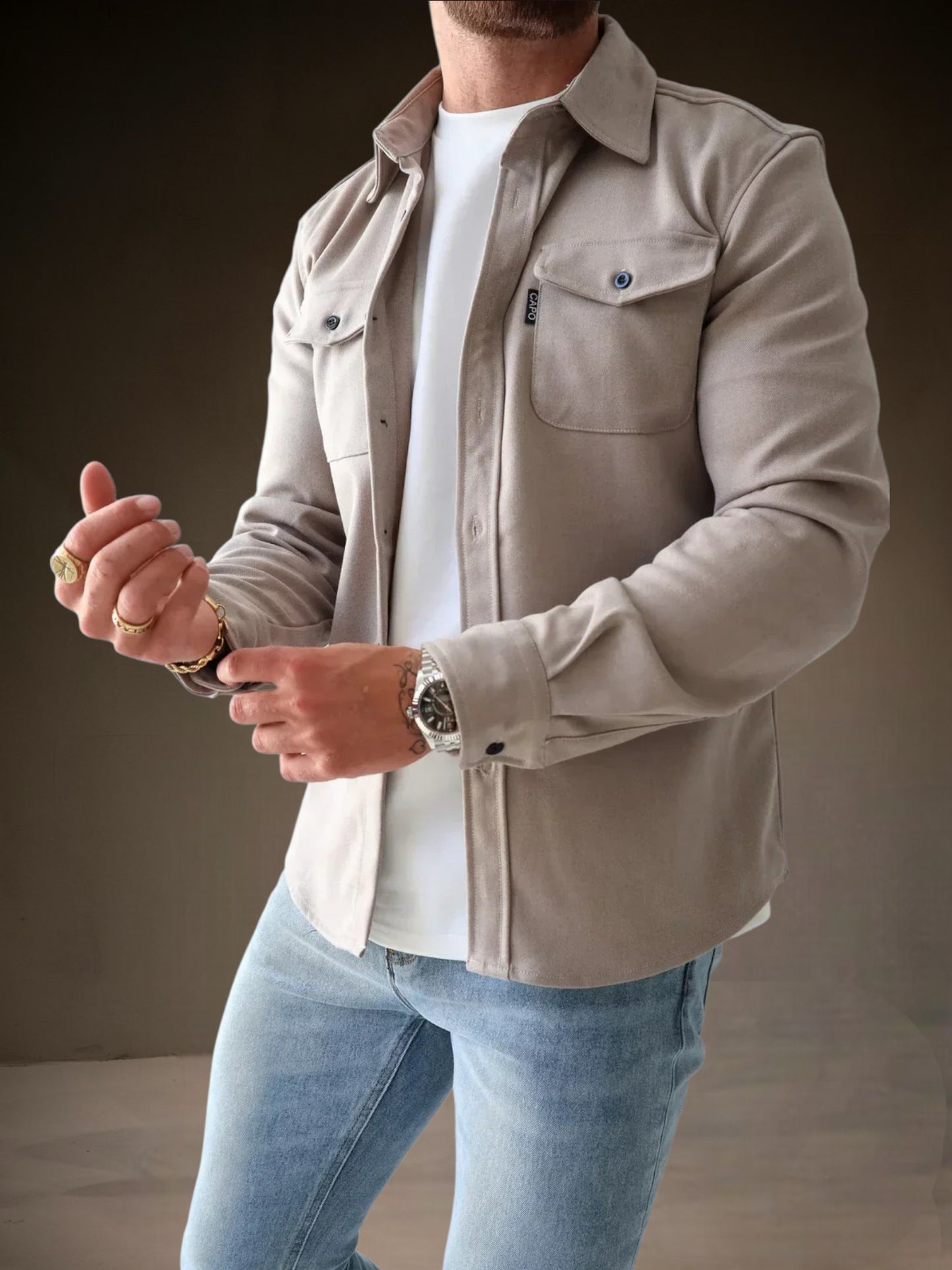 Oswin | Men's Overshirt in Durable Fabric with Long Sleeves and Modern Fit for All Seasons | Khaki