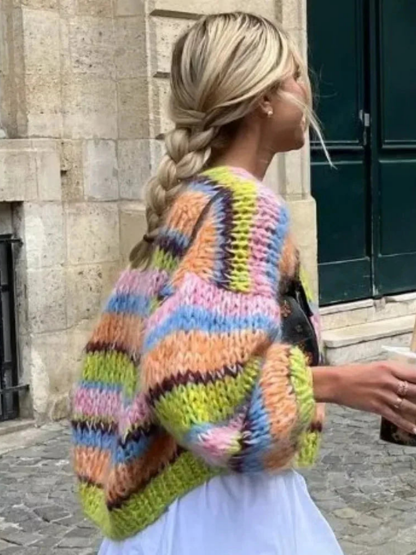 Patchwork Cardigan for Women | Long Puff Sleeves | Green