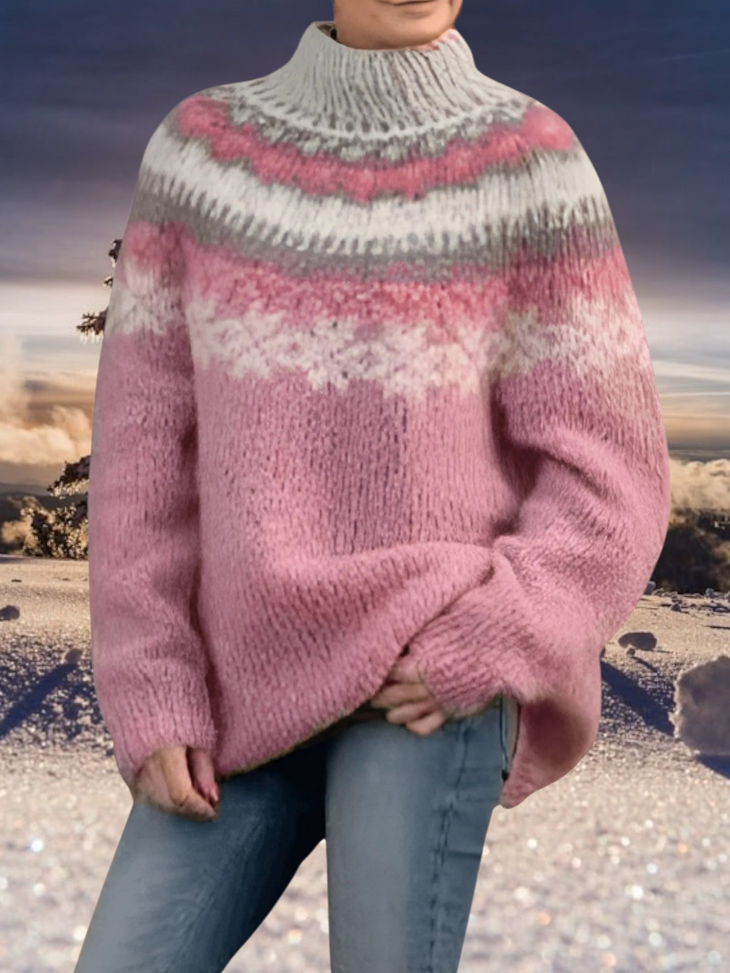 Round Neck Knit Sweater | Lantern Sleeves | Pink