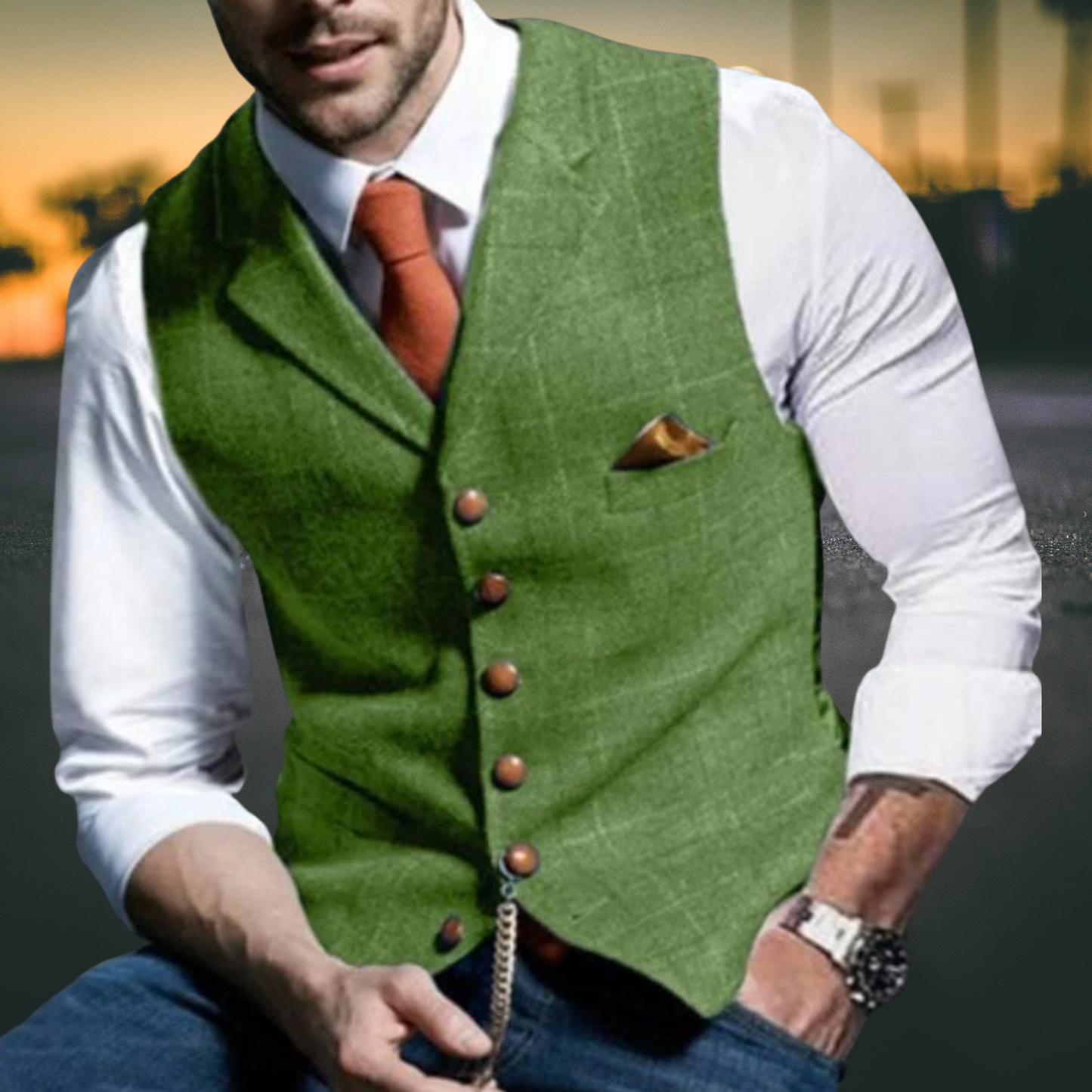 Slim Fit Men's Vest in Premium Cotton Blend with Reversible Collar | Green