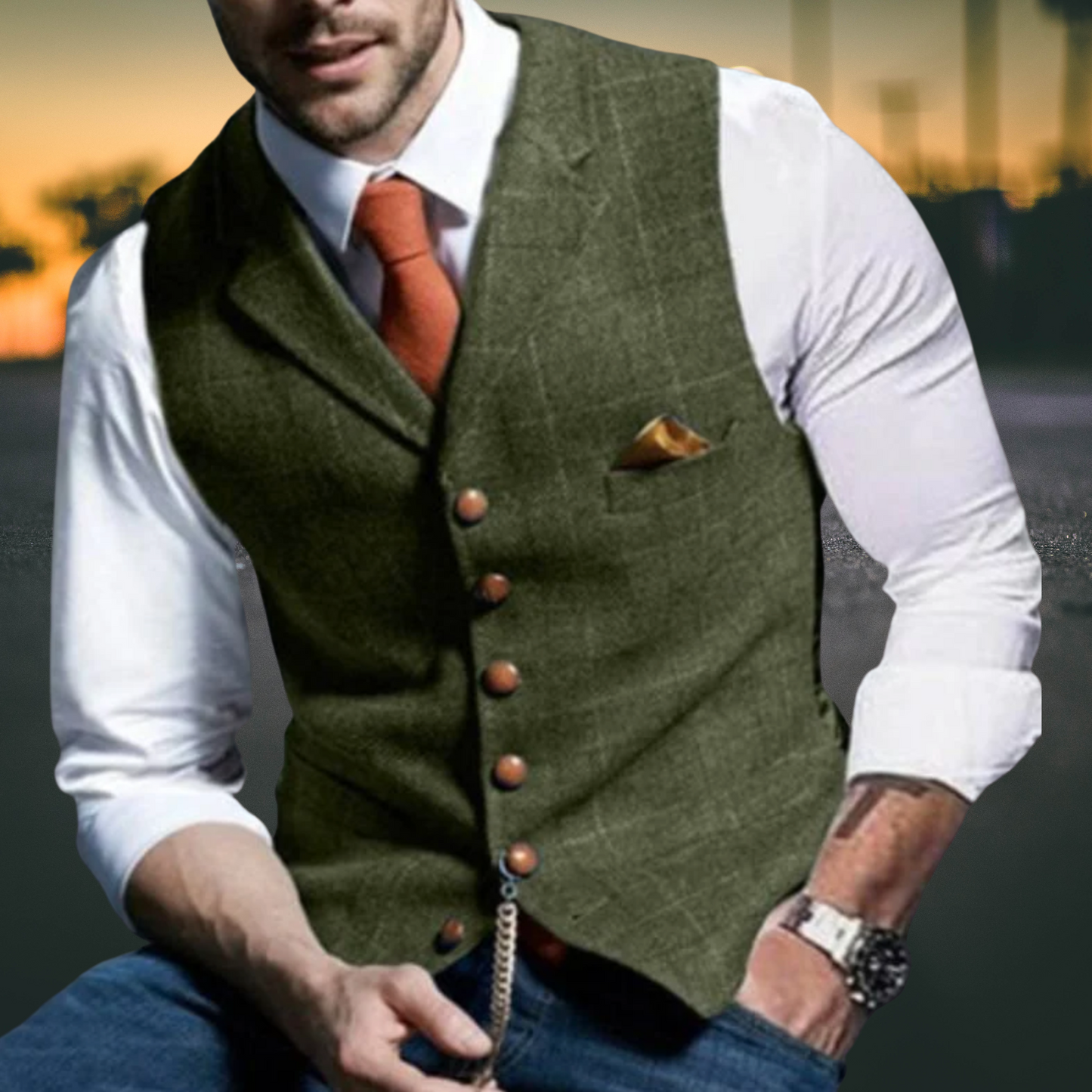 Slim Fit Men's Vest in Premium Cotton Blend with Reversible Collar | Olivegreen