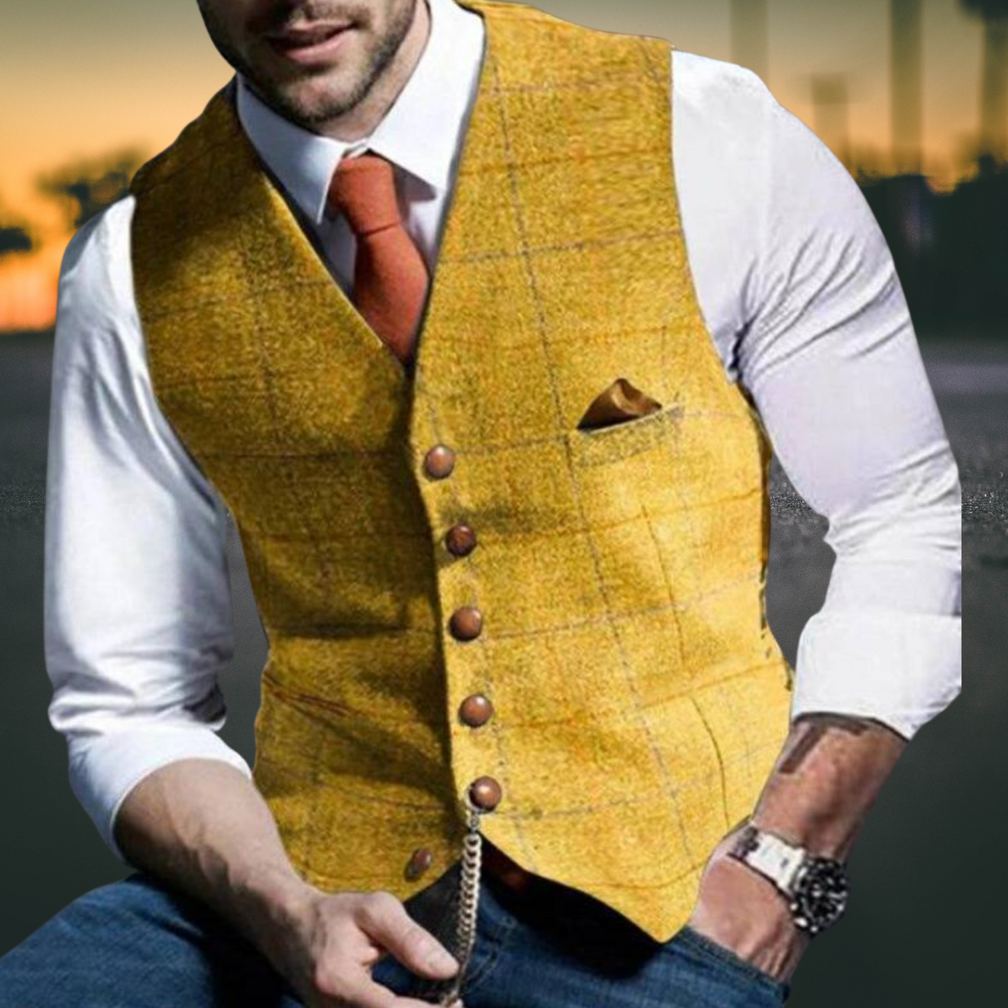Slim Fit Men's Vest in Premium Cotton Blend with Reversible Collar | Yellow