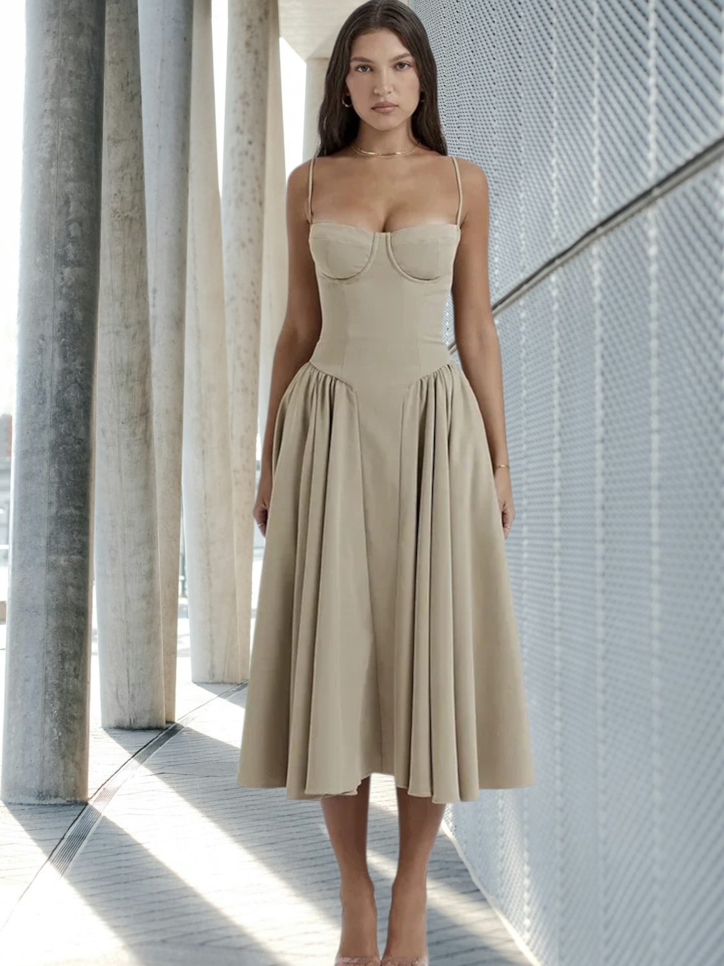 Sofia | Elegant Midi Dress for Women, Sleeveless, Party & Wedding Guest Ready | Apricot 2