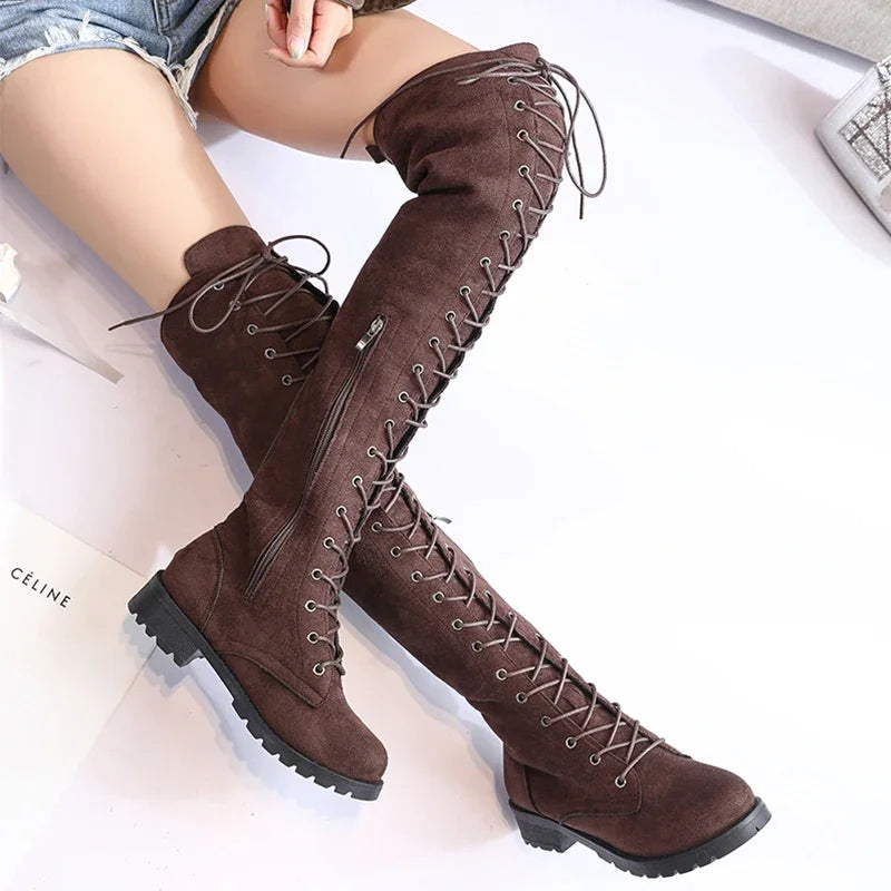 Stylish Black Over The Knee Boots with Unique Lacing Design for Women 1