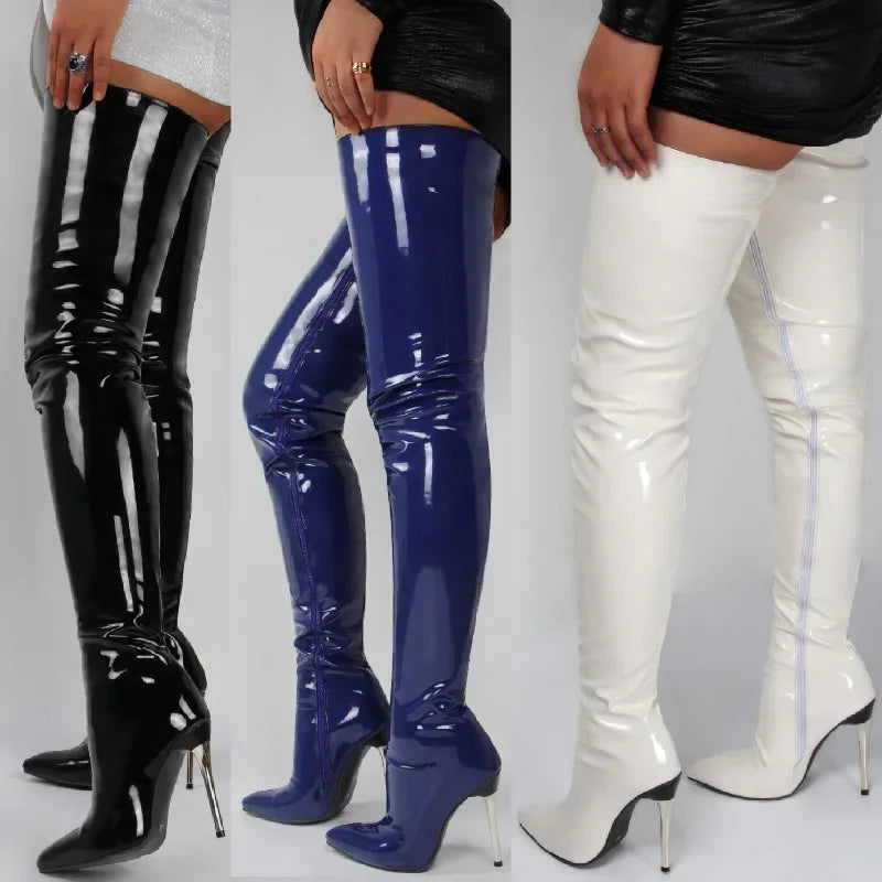 Stylish Black Over the Knee Faux Leather Boots with Pointed Toe and High Heel 6