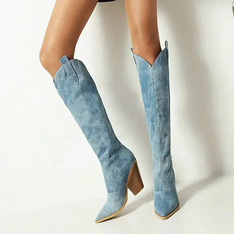 Stylish Blue Over the Knee Stiletto Boots in Faux Leather for Women 2