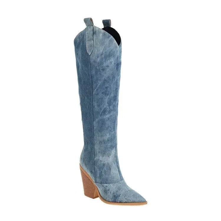 Stylish Blue Over the Knee Stiletto Boots in Faux Leather for Women 4