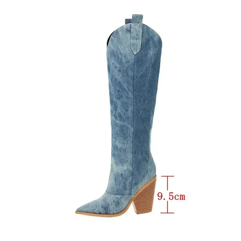 Stylish Blue Over the Knee Stiletto Boots in Faux Leather for Women 5