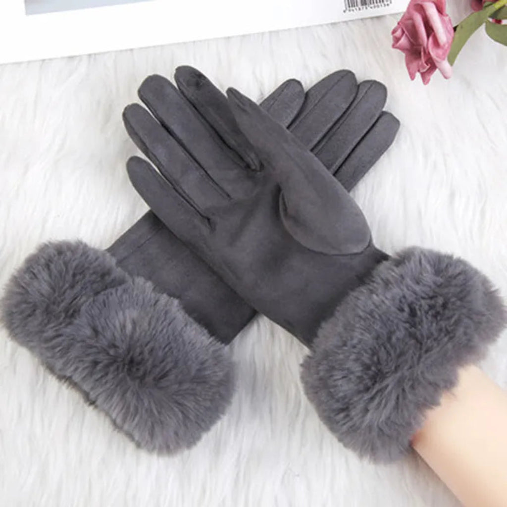 Suede Gloves for Women | Faux Fur Trim | Winter | gray