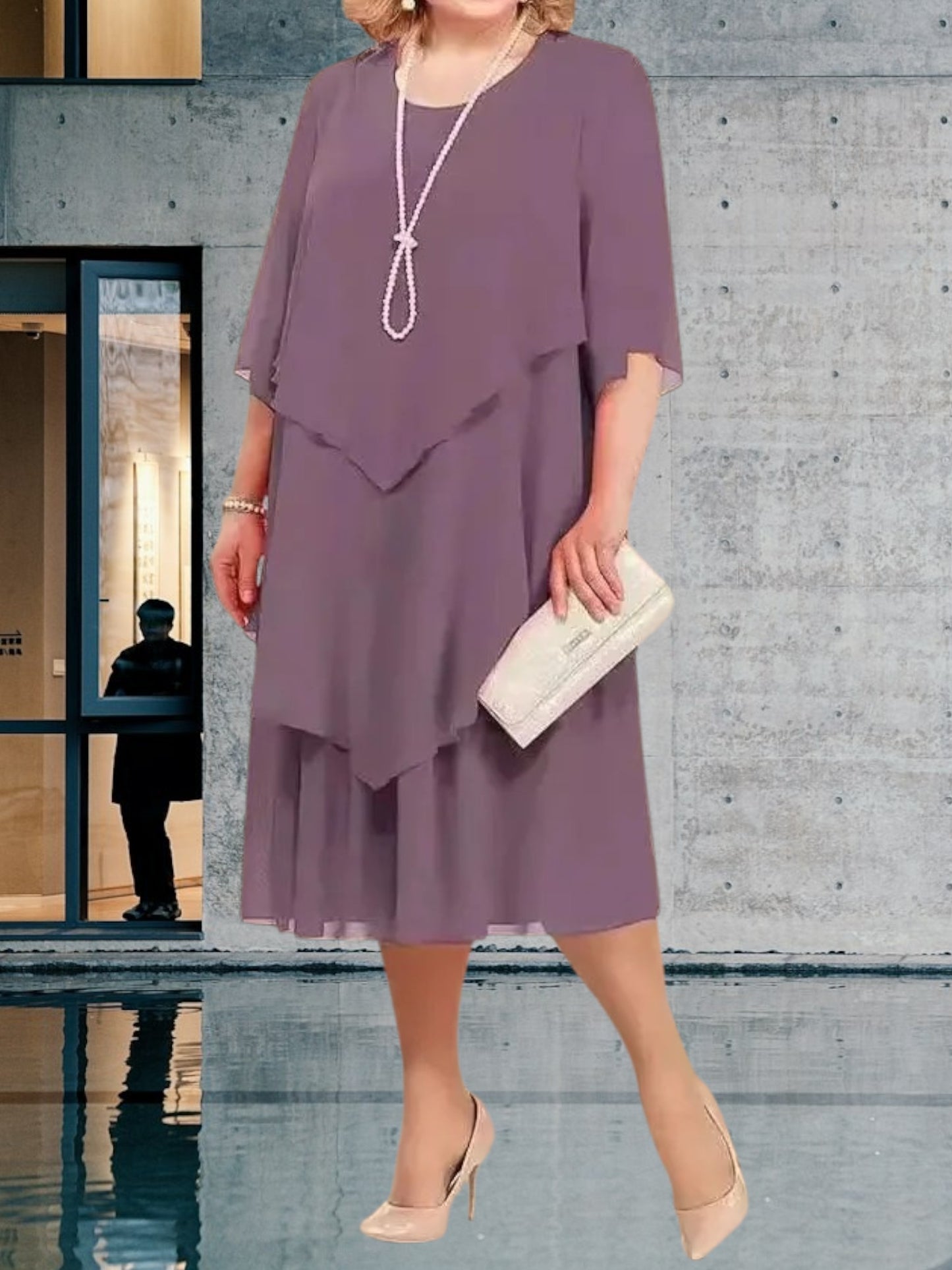 Tove | Elegant Women's Knee-Length Layered Chiffon Dress for Wedding Guests and Summer Events | Light purple