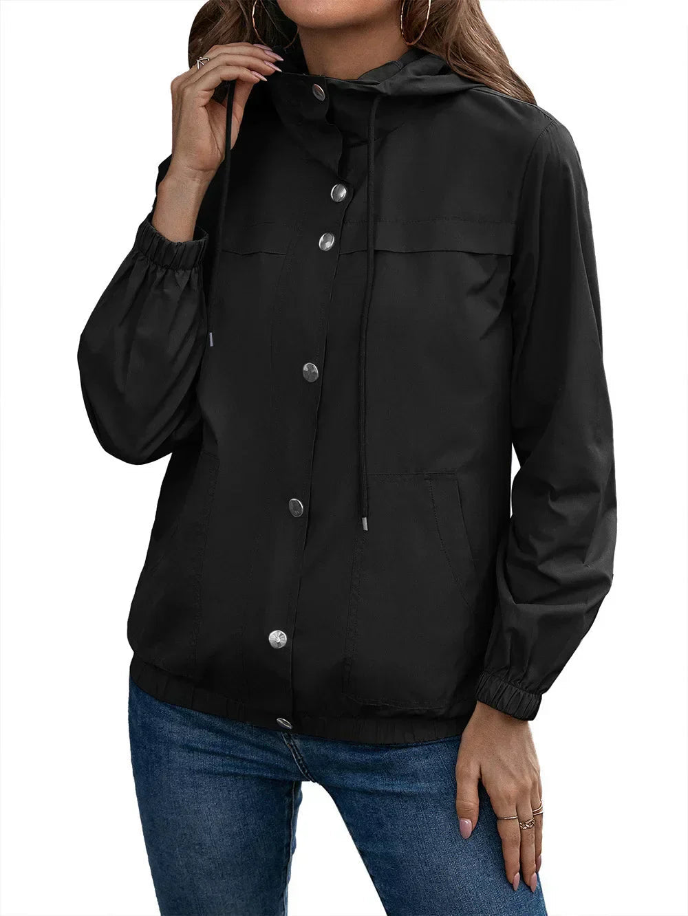 Trench Coat for Women | Waterproof Hooded Long Sleeve | Black