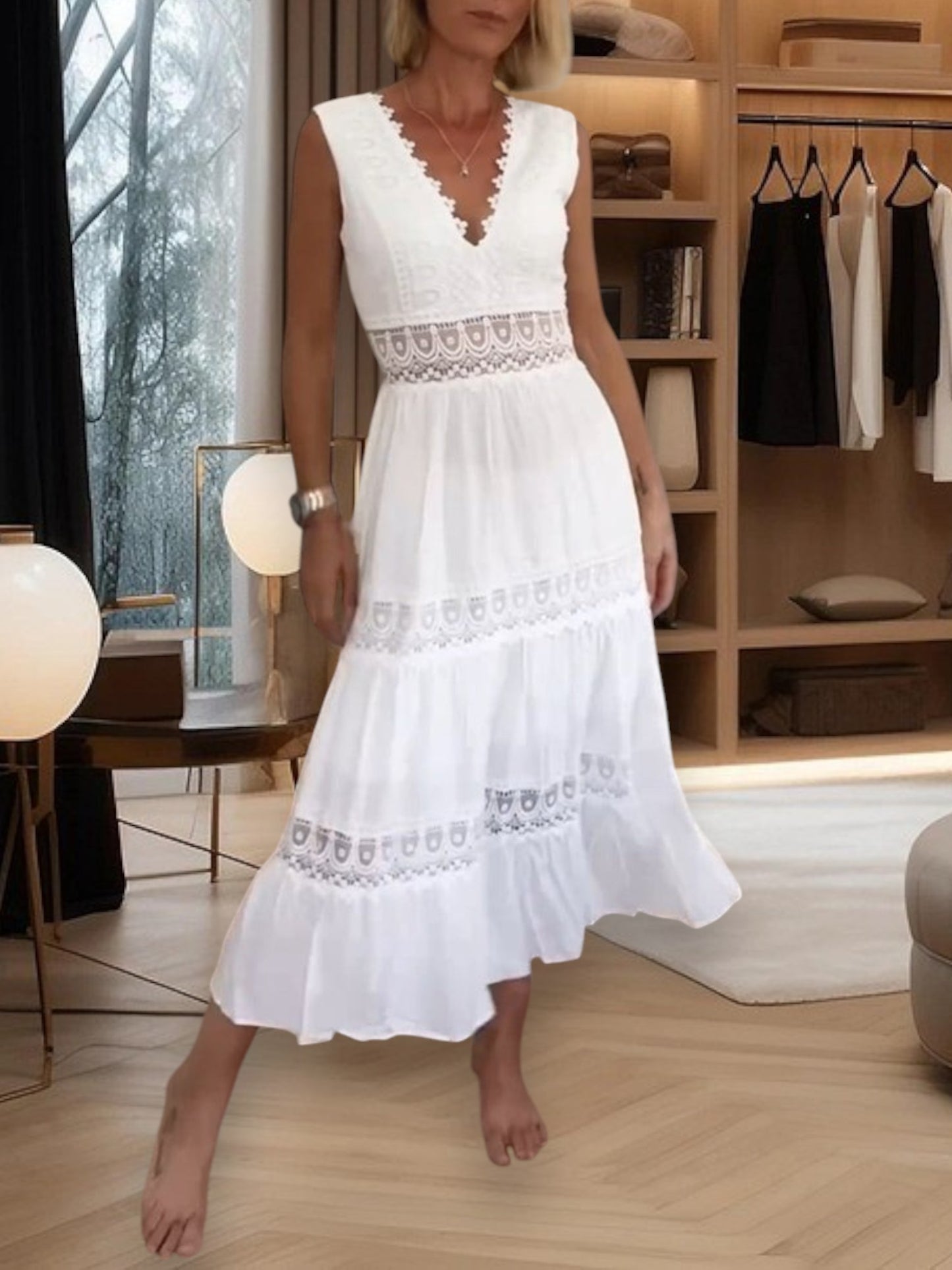 Trine | Elegant Lace Camisole Midi Dress with V-Cut and Open Back | White
