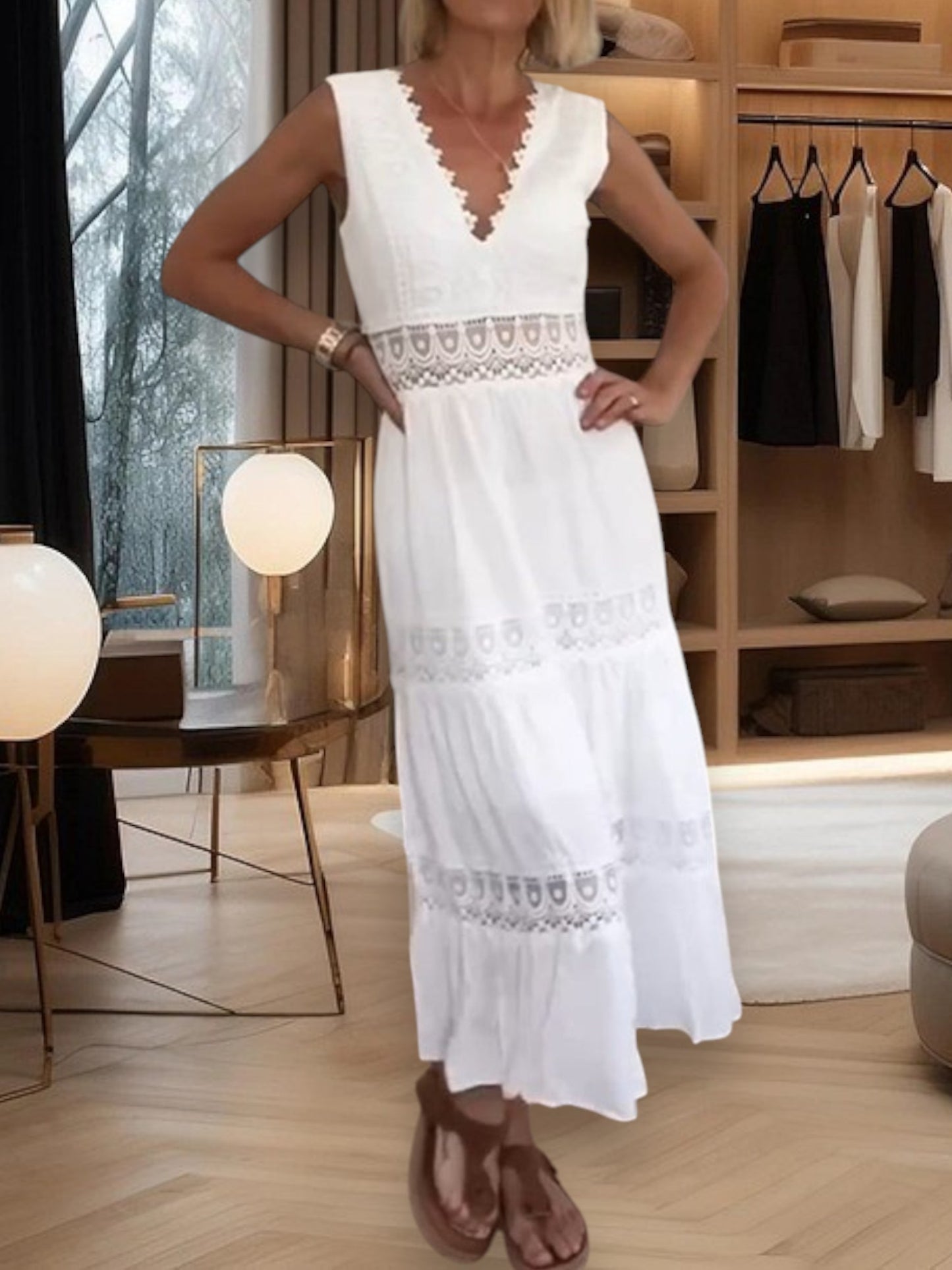 Trine | Elegant Lace Camisole Midi Dress with V-Cut and Open Back | White 2