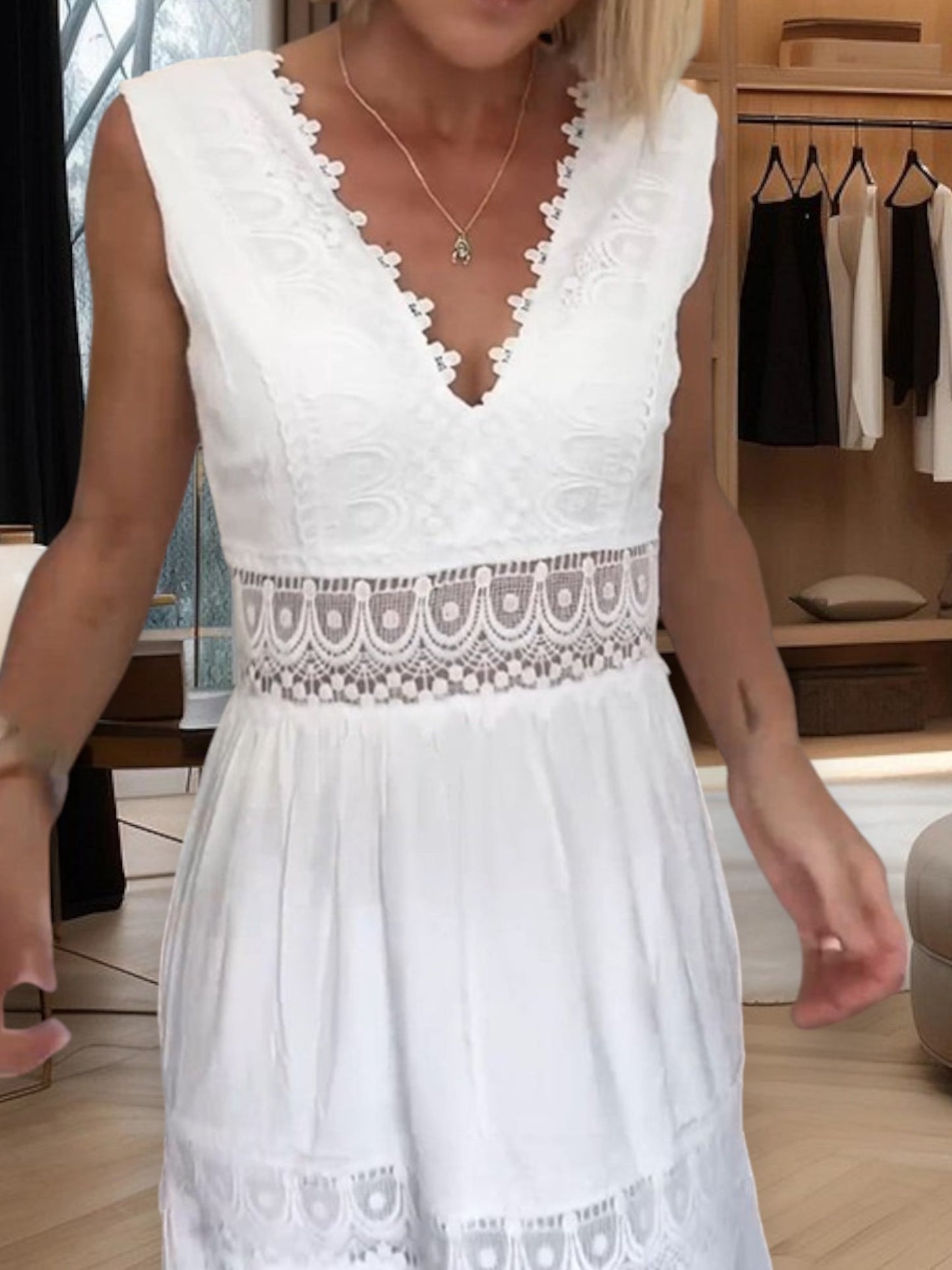 Trine | Elegant Lace Camisole Midi Dress with V-Cut and Open Back | White 6