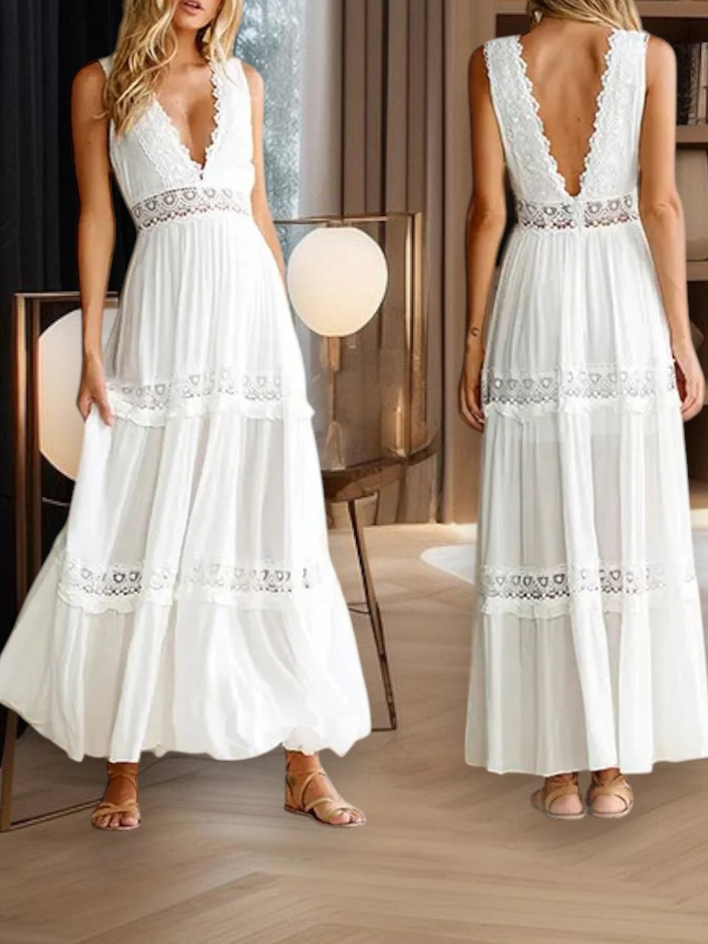 Trine | Elegant Lace Camisole Midi Dress with V-Cut and Open Back | White 7