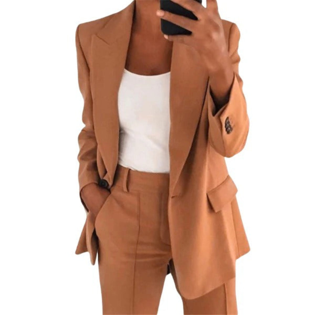 Women’s Formal Business Blazer & Pants Set – Solid Color, Single Button