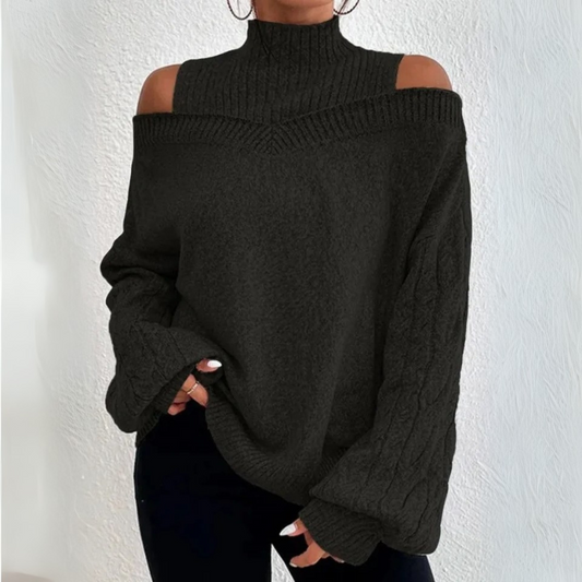 Off-Shoulder High Neck Long Sleeve Sweater - Loose Knitted Cardigan for Women