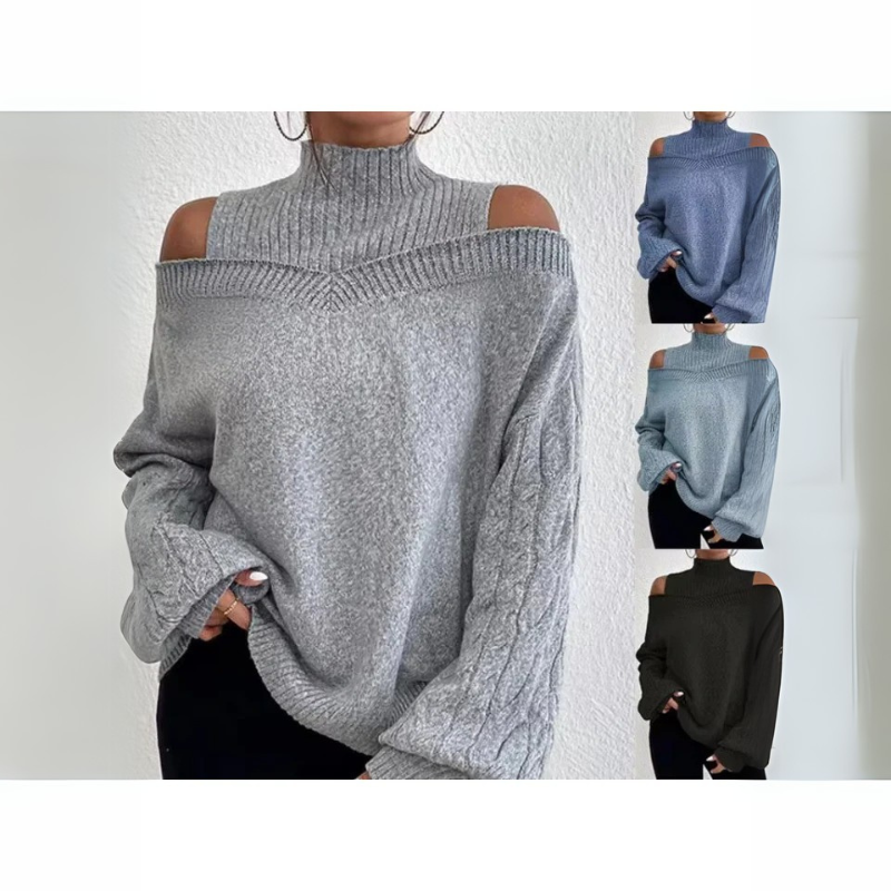 Off-Shoulder High Neck Long Sleeve Sweater - Loose Knitted Cardigan for Women