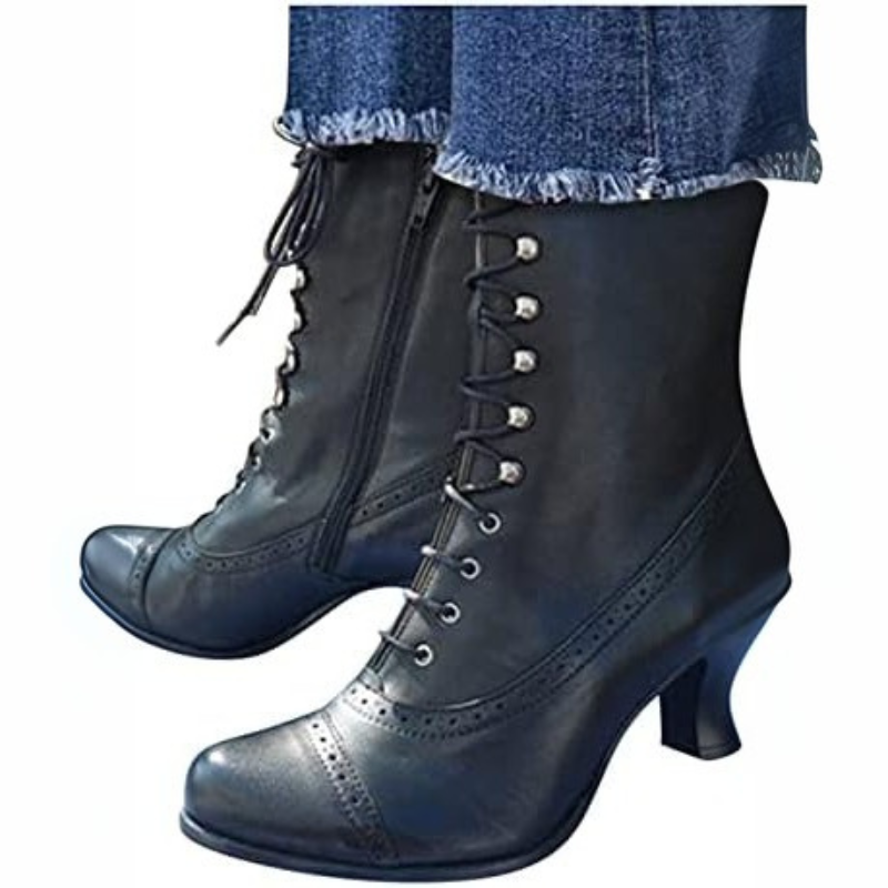 Women’s PU Leather Biker Boots – High Heel Pointed Toe Platform Boots, Victorian Style