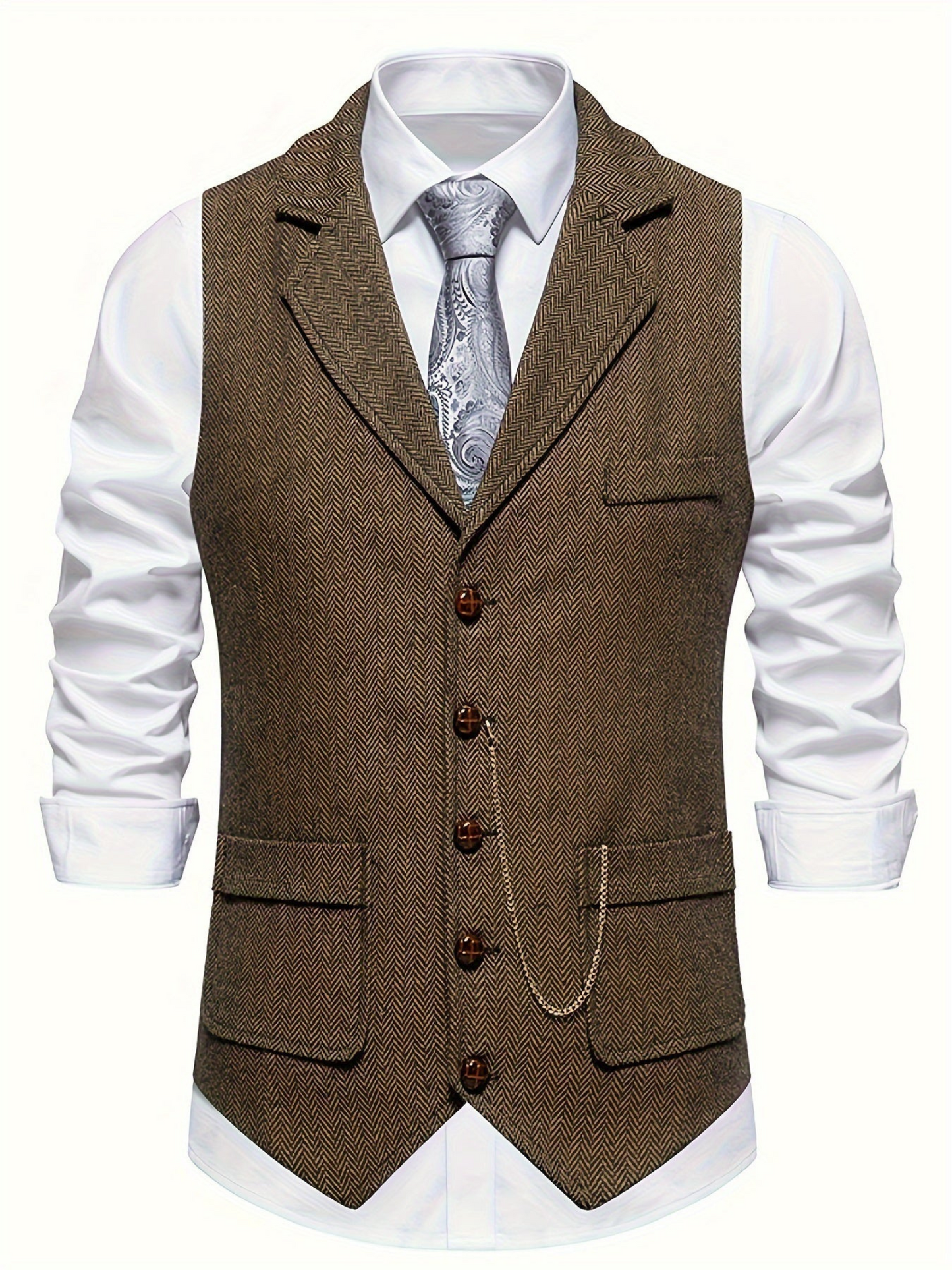 Waistcoat for Men, Herringbone Pattern | Tailored Fit | Coffee