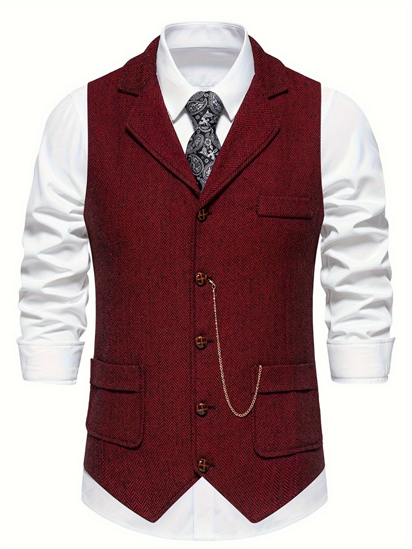 Waistcoat for Men, Herringbone Pattern | Tailored Fit | Dark Red