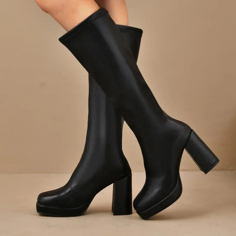 Women's Black Thigh High Boots with Chunky Heel and Platform Sole 1