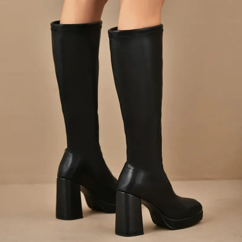 Women's Black Thigh High Boots with Chunky Heel and Platform Sole 5