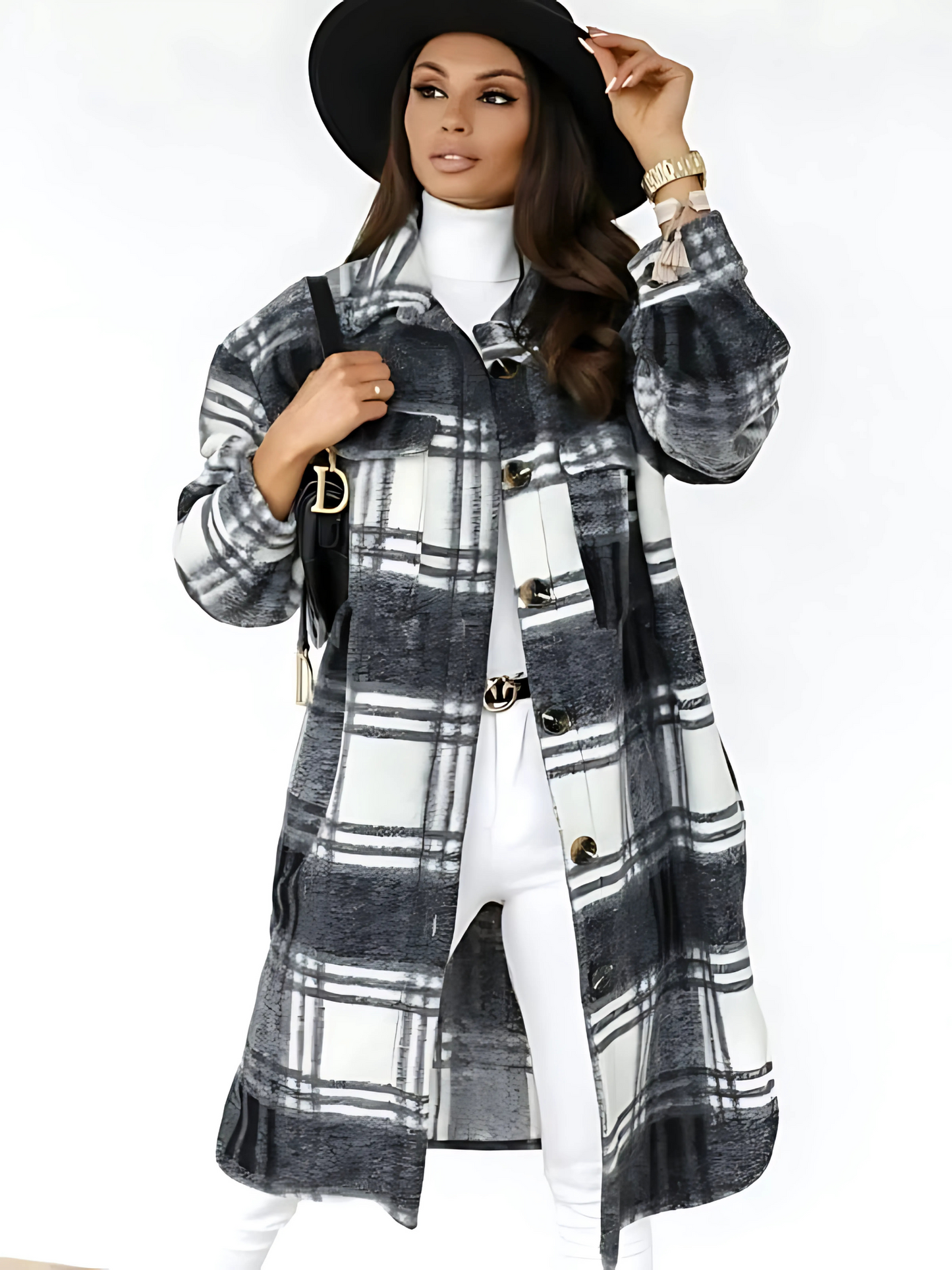 Women's Long Checked Coat | Straight Cut | Dark Gray
