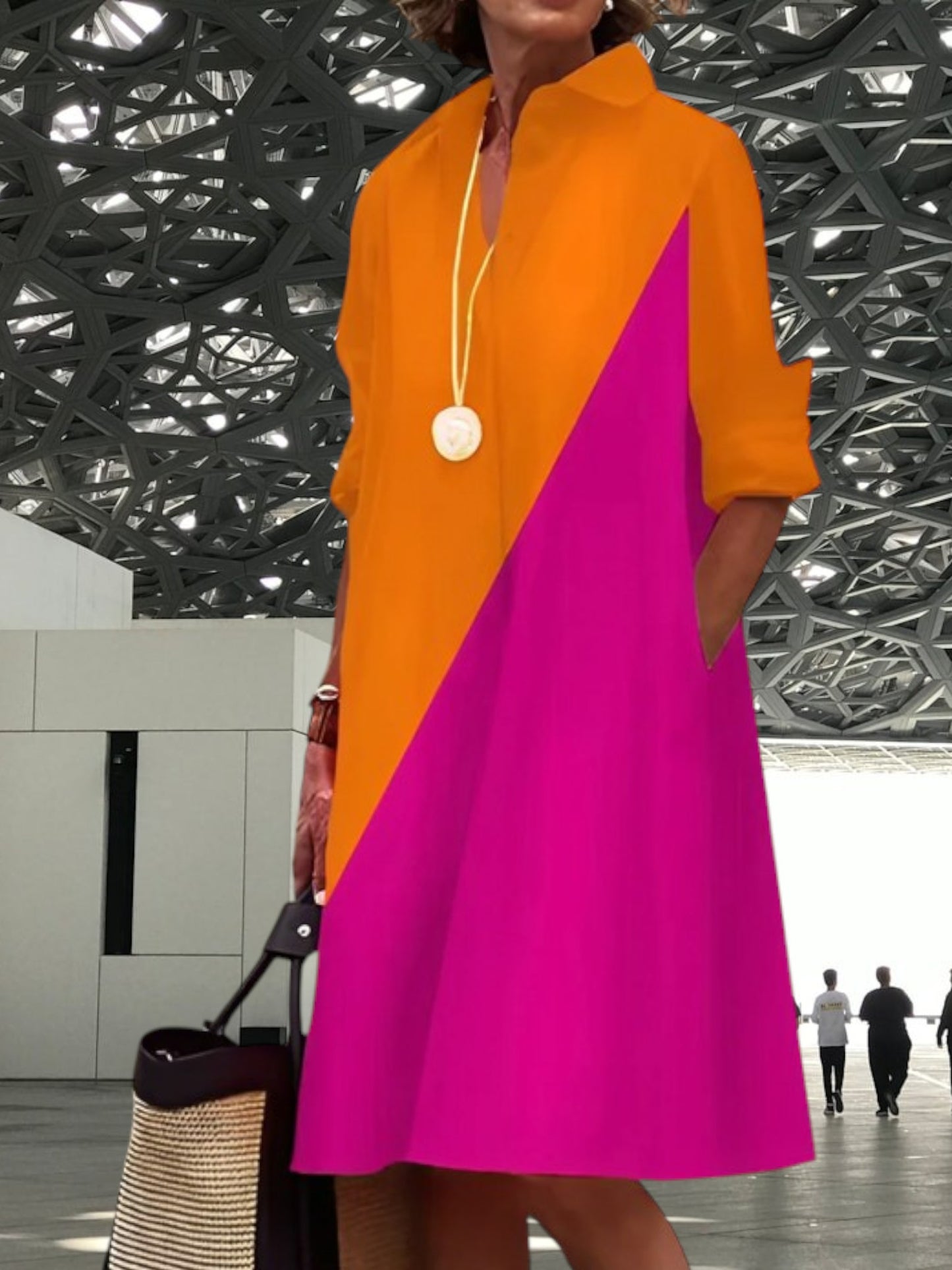 Women's Long sleeve Polo Dress in Breathable Cotton Blend with Classic Collar | Orange