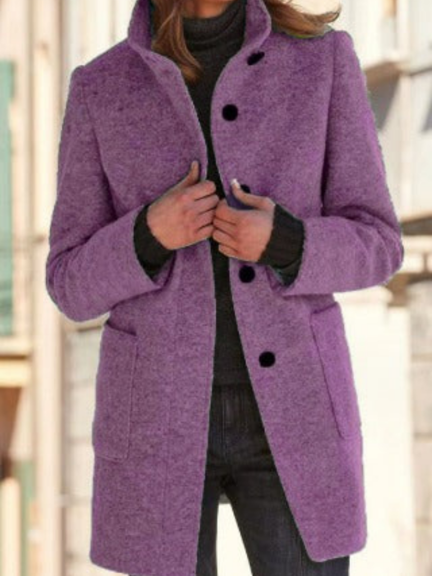 Wool Coat for Women | Elegant Fit, Button Closure | Purple