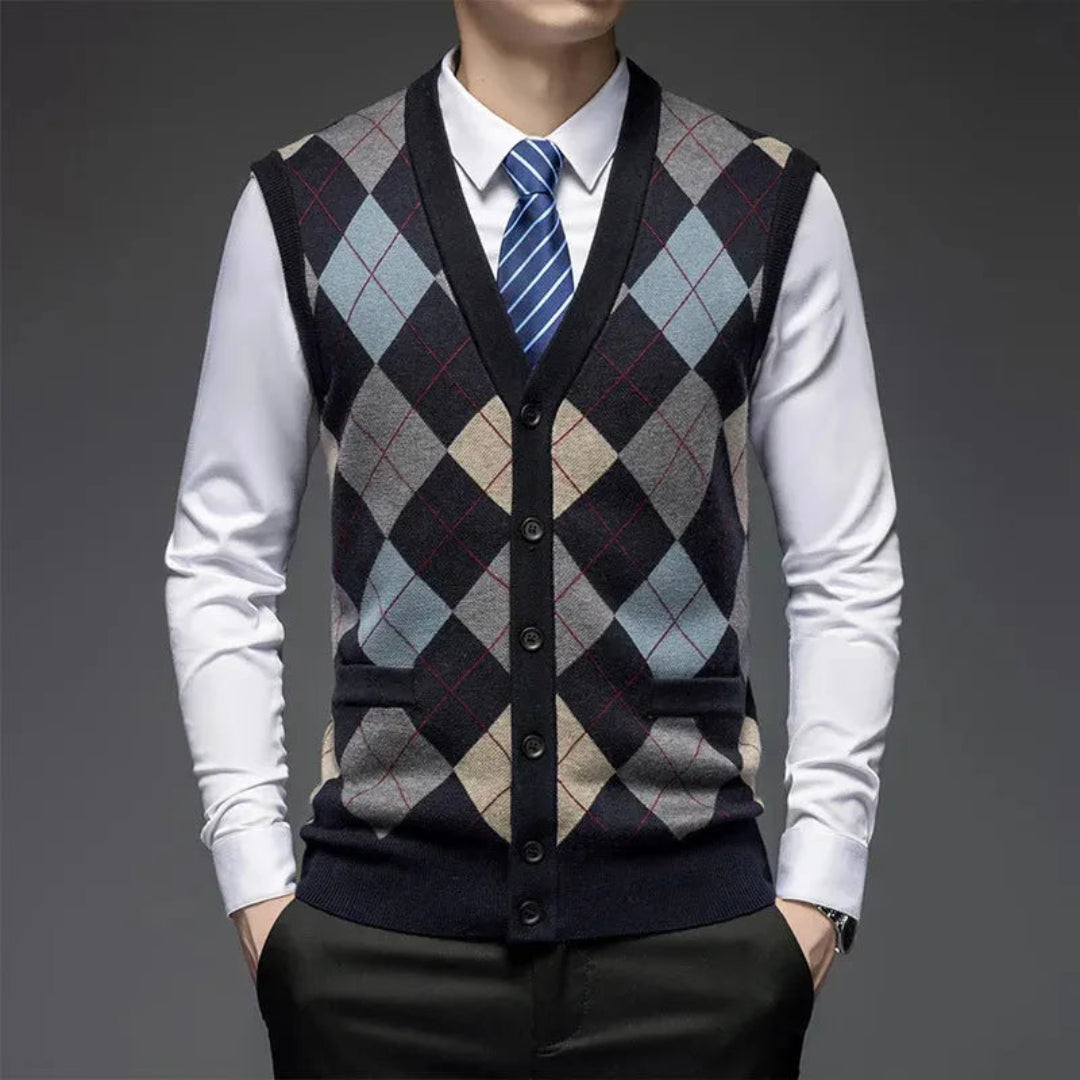 Wool Vest for Men | Classic Argyle Sleeveless | Tailored Fit | Black