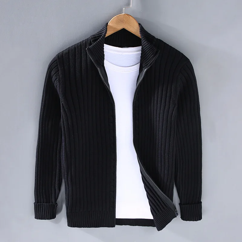 Zip Up Cardigan for Men | Full-Zip, Ribbed Cuffs | Black